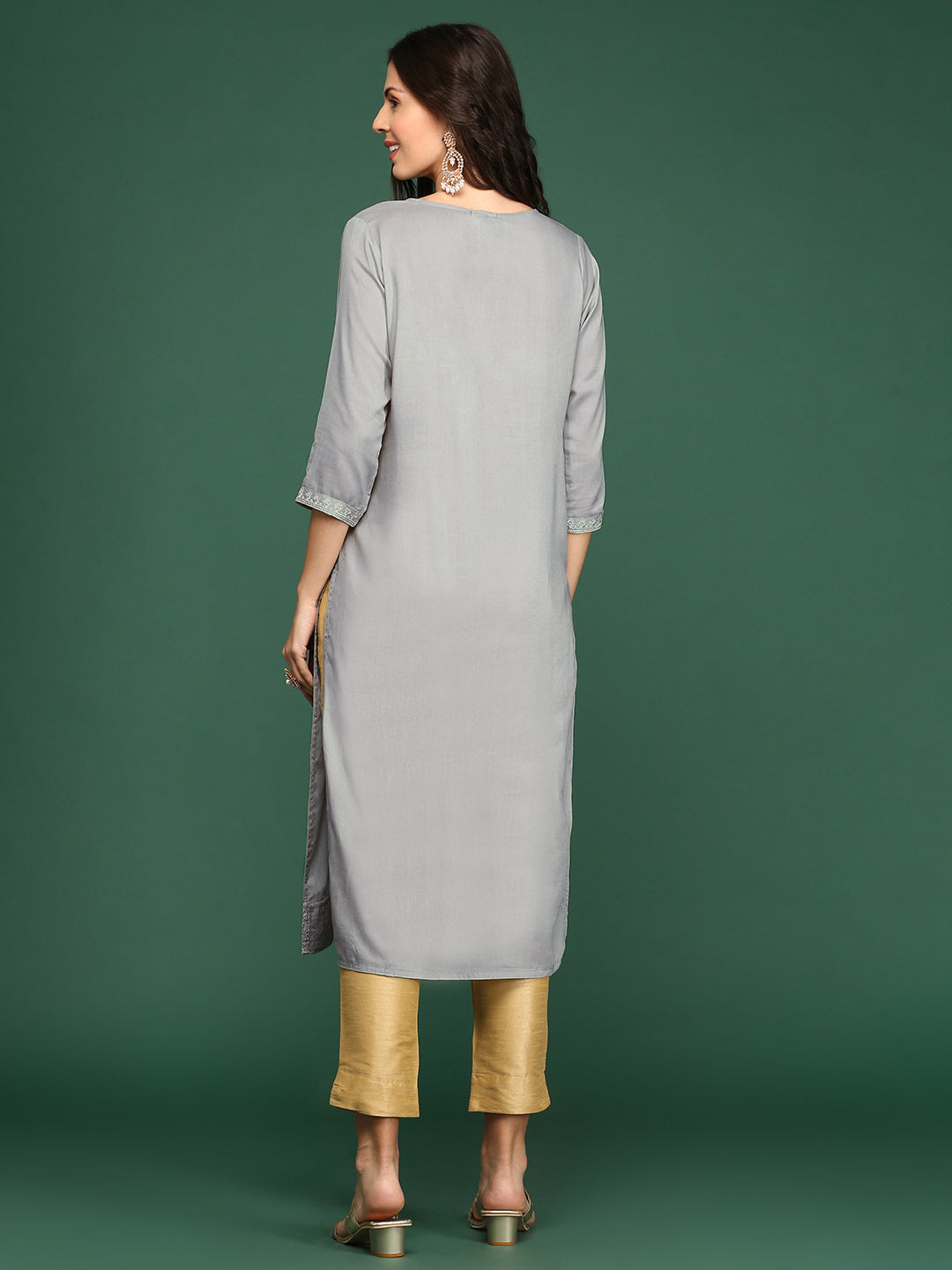 Women Printed Grey Straight Kurta