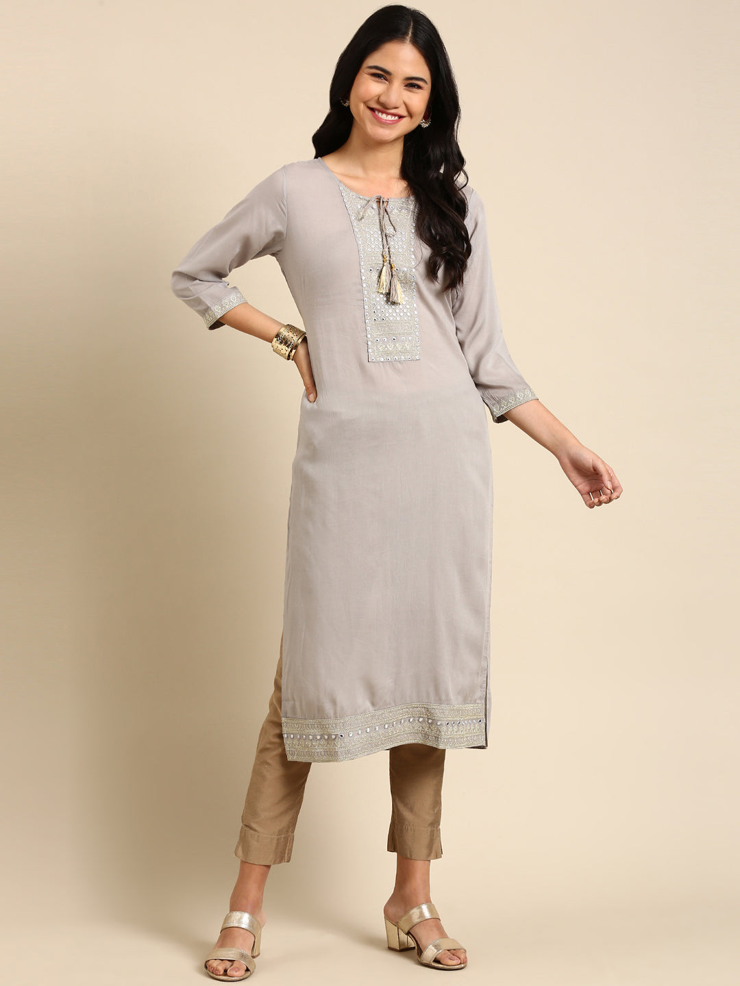 Women Printed Grey Straight Kurta