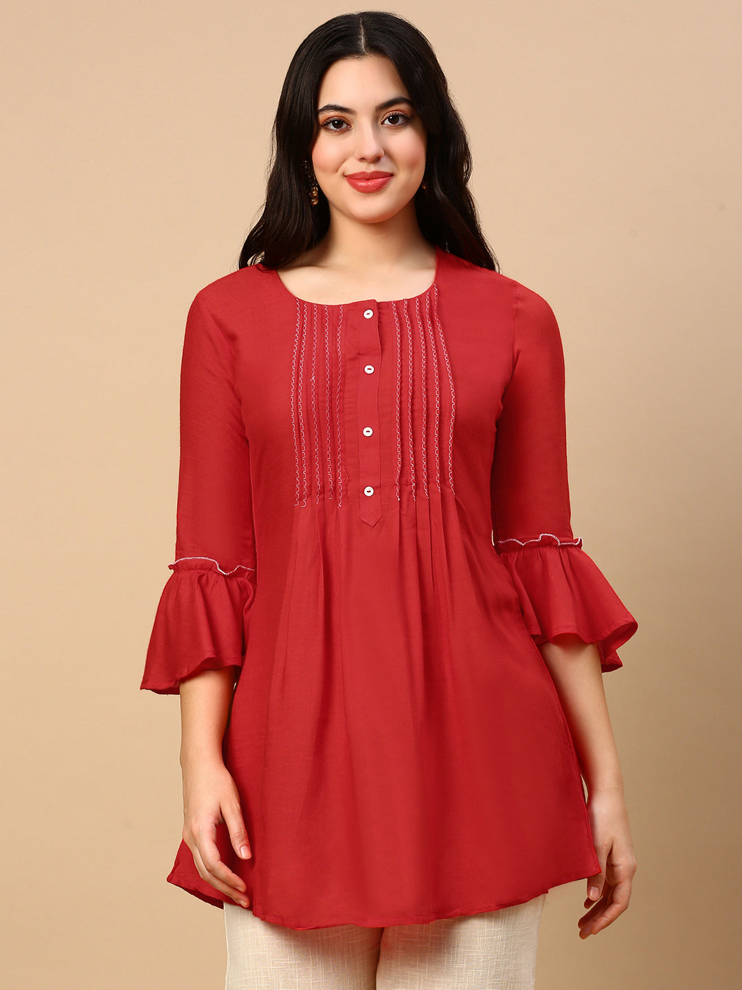 Women Solid Red A Line Kurti