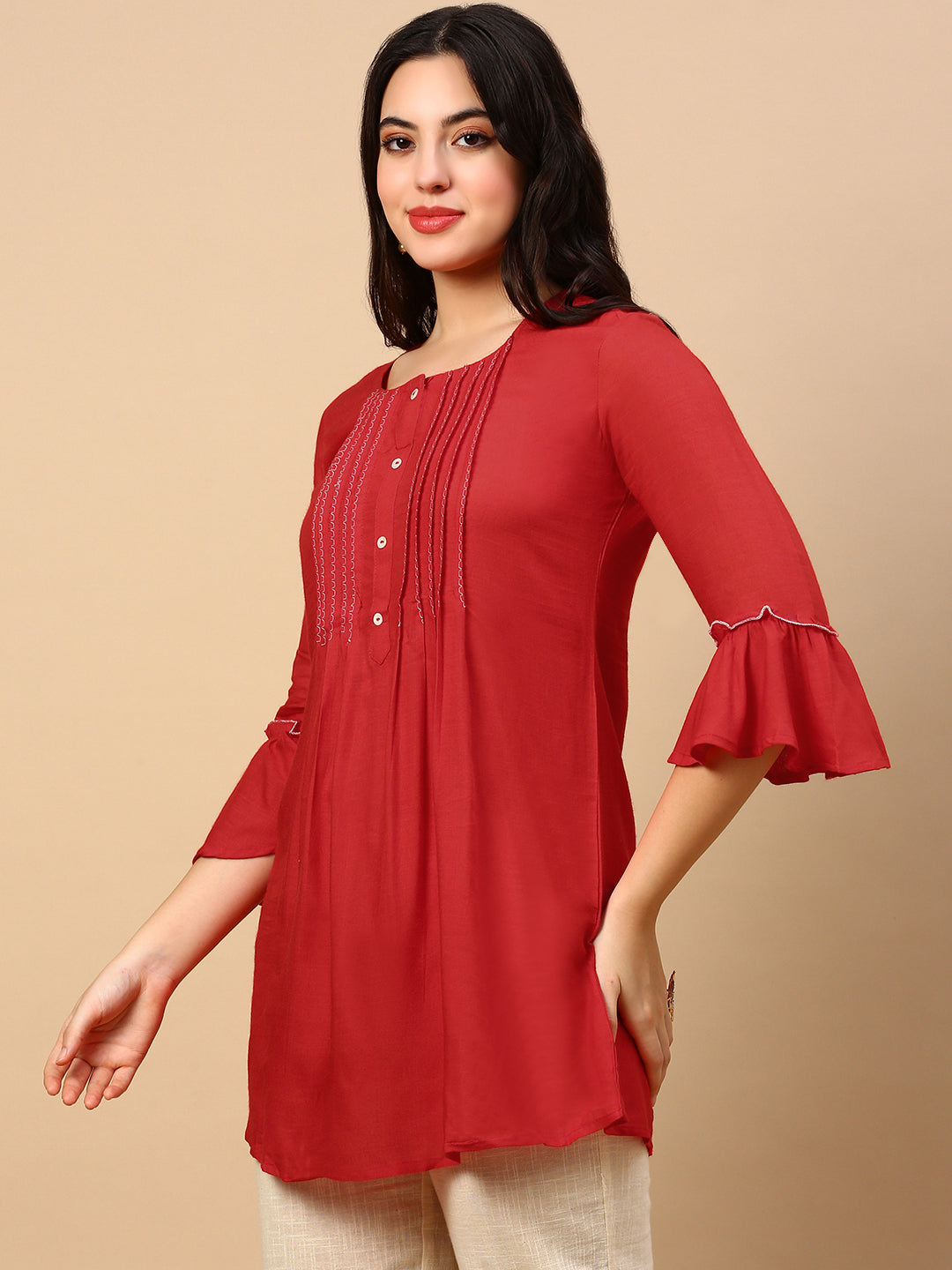 Women Solid Red A Line Kurti