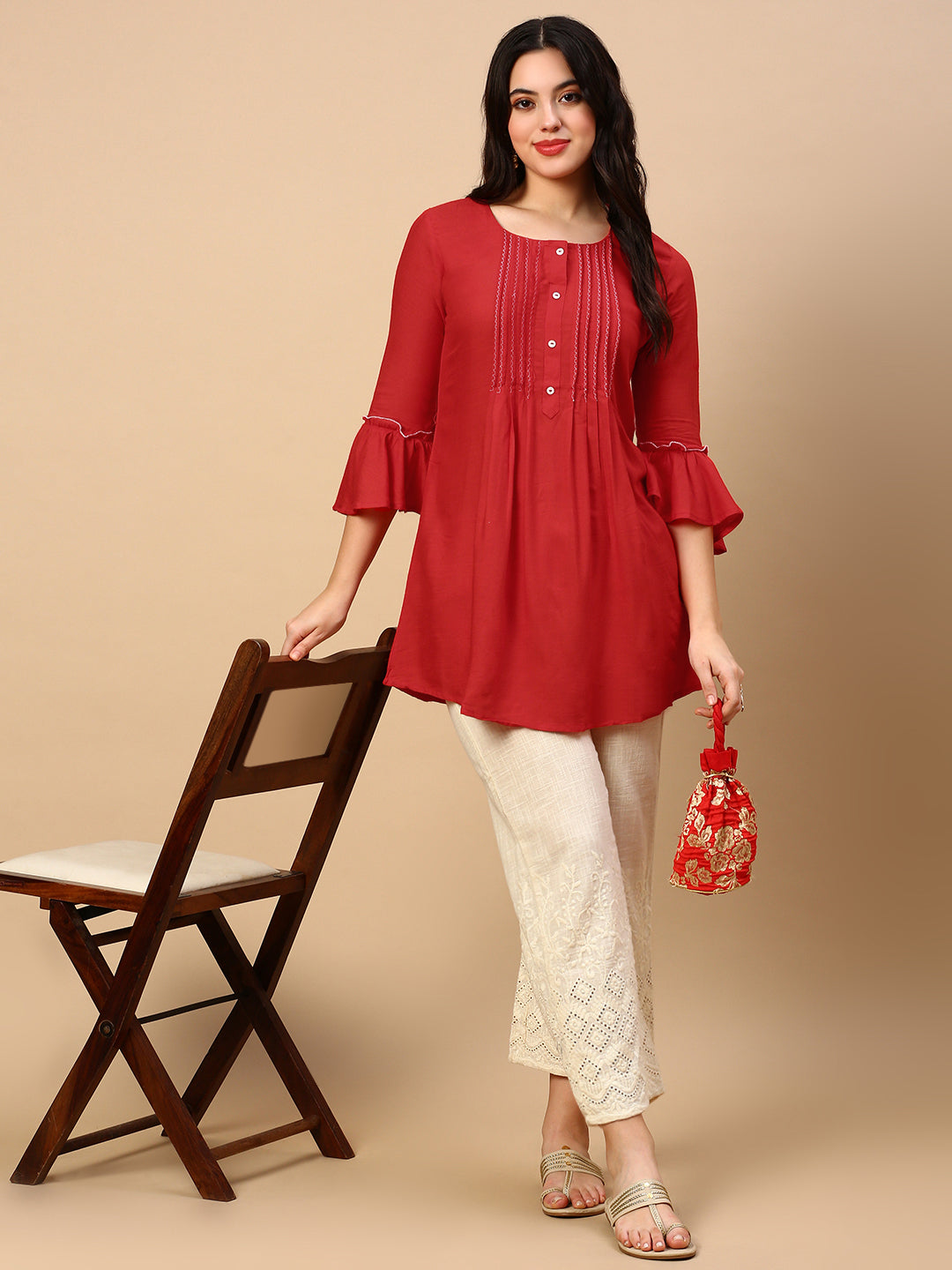 Women Solid Red A Line Kurti