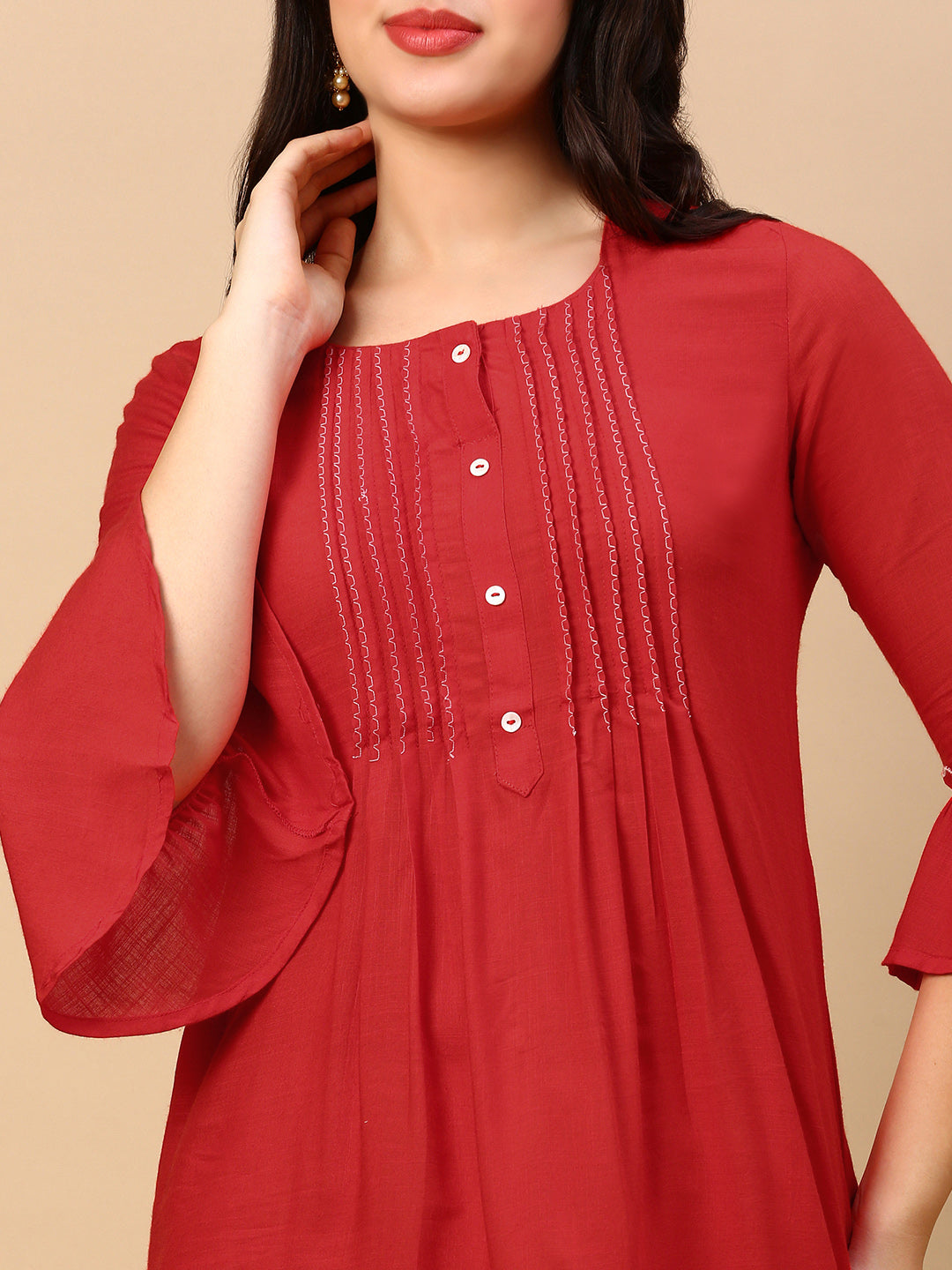 Women Solid Red A Line Kurti