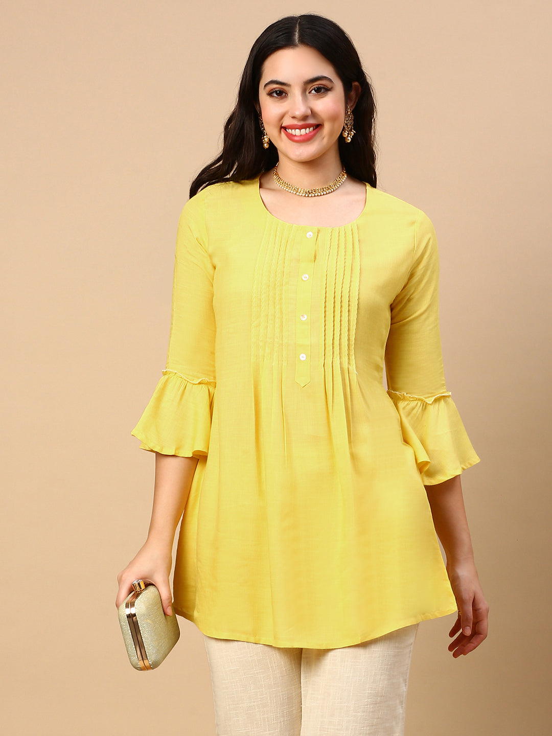 Women Solid Yellow A Line Kurti