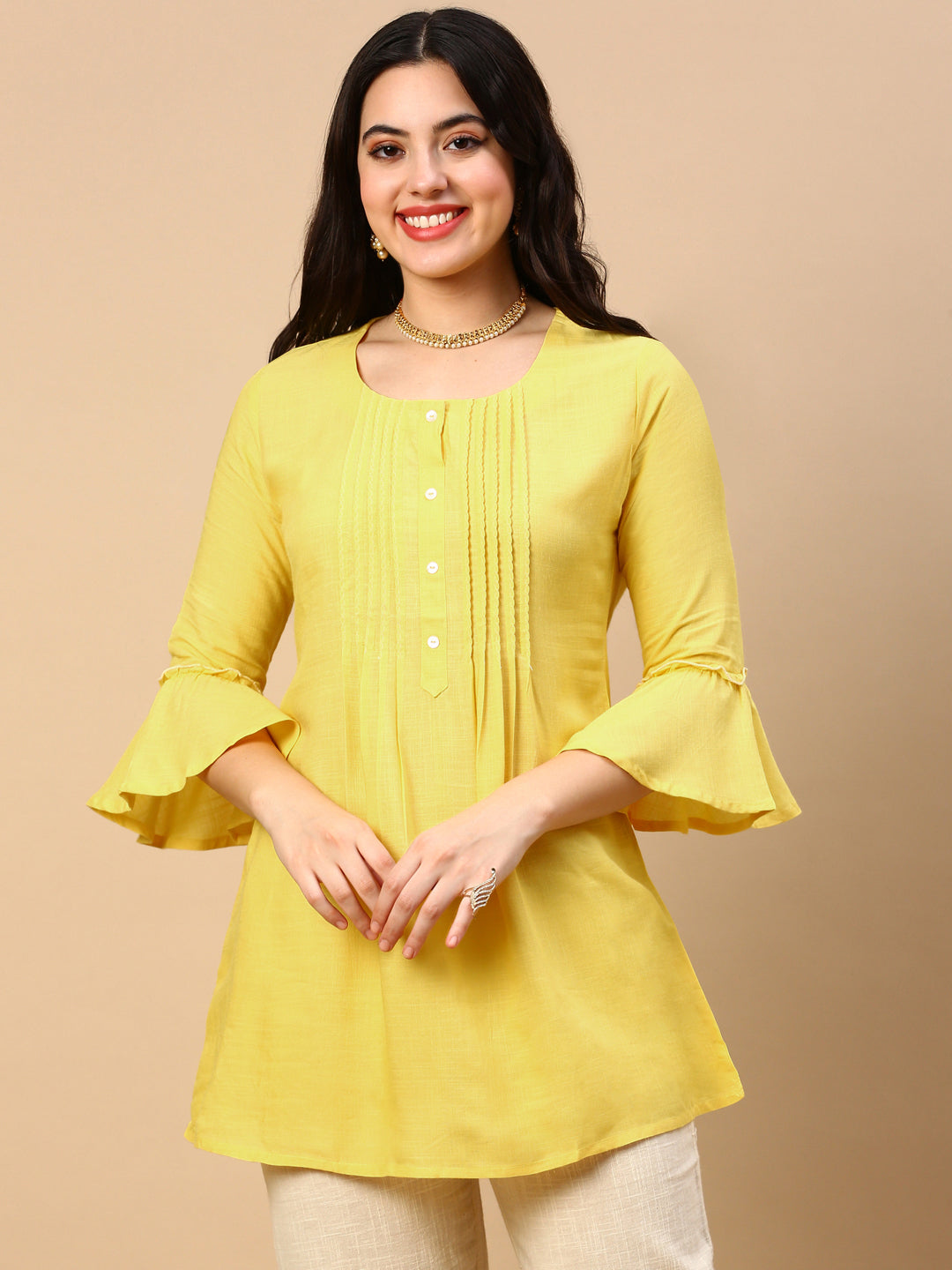 Women Solid Yellow A Line Kurti