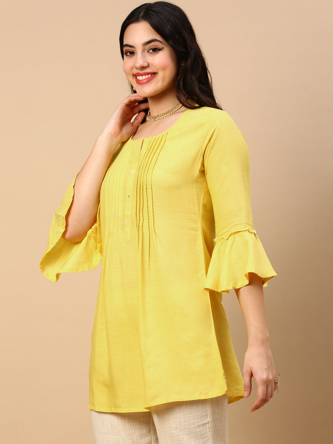 Women Solid Yellow A Line Kurti