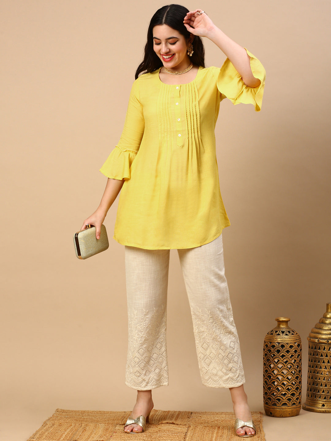 Women Solid Yellow A Line Kurti