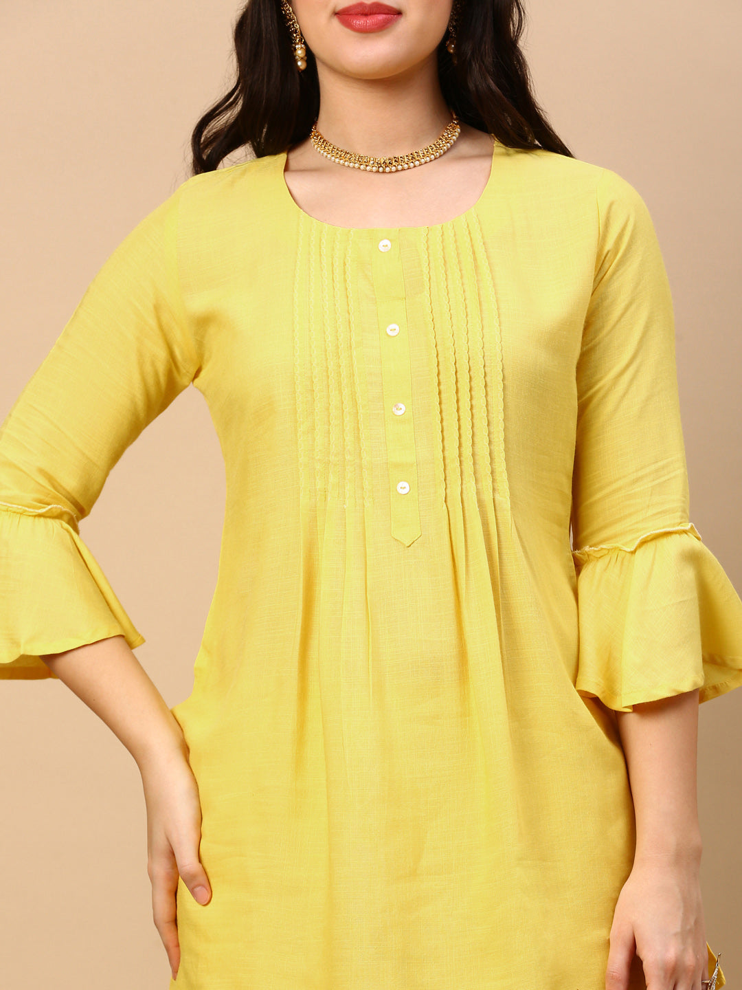 Women Solid Yellow A Line Kurti