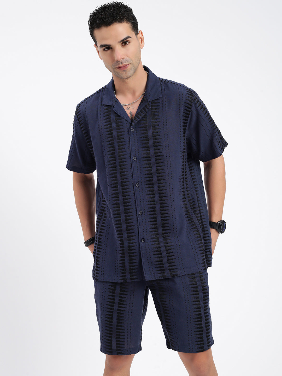 Men Geometric Navy Blue Co Ords Set