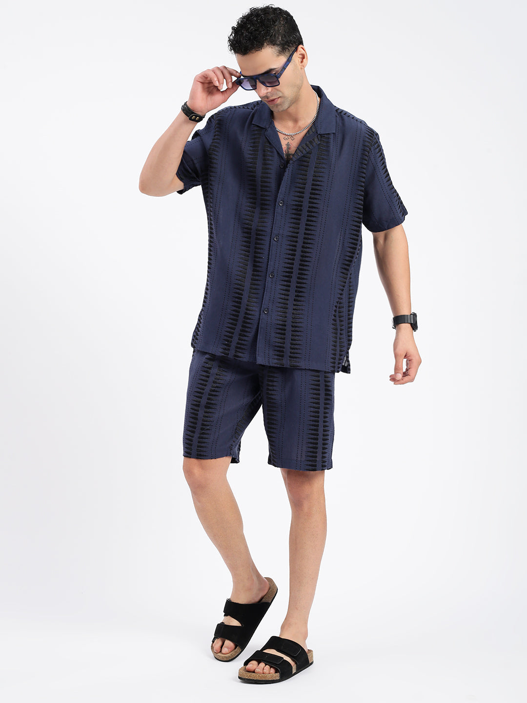 Men Geometric Navy Blue Co Ords Set