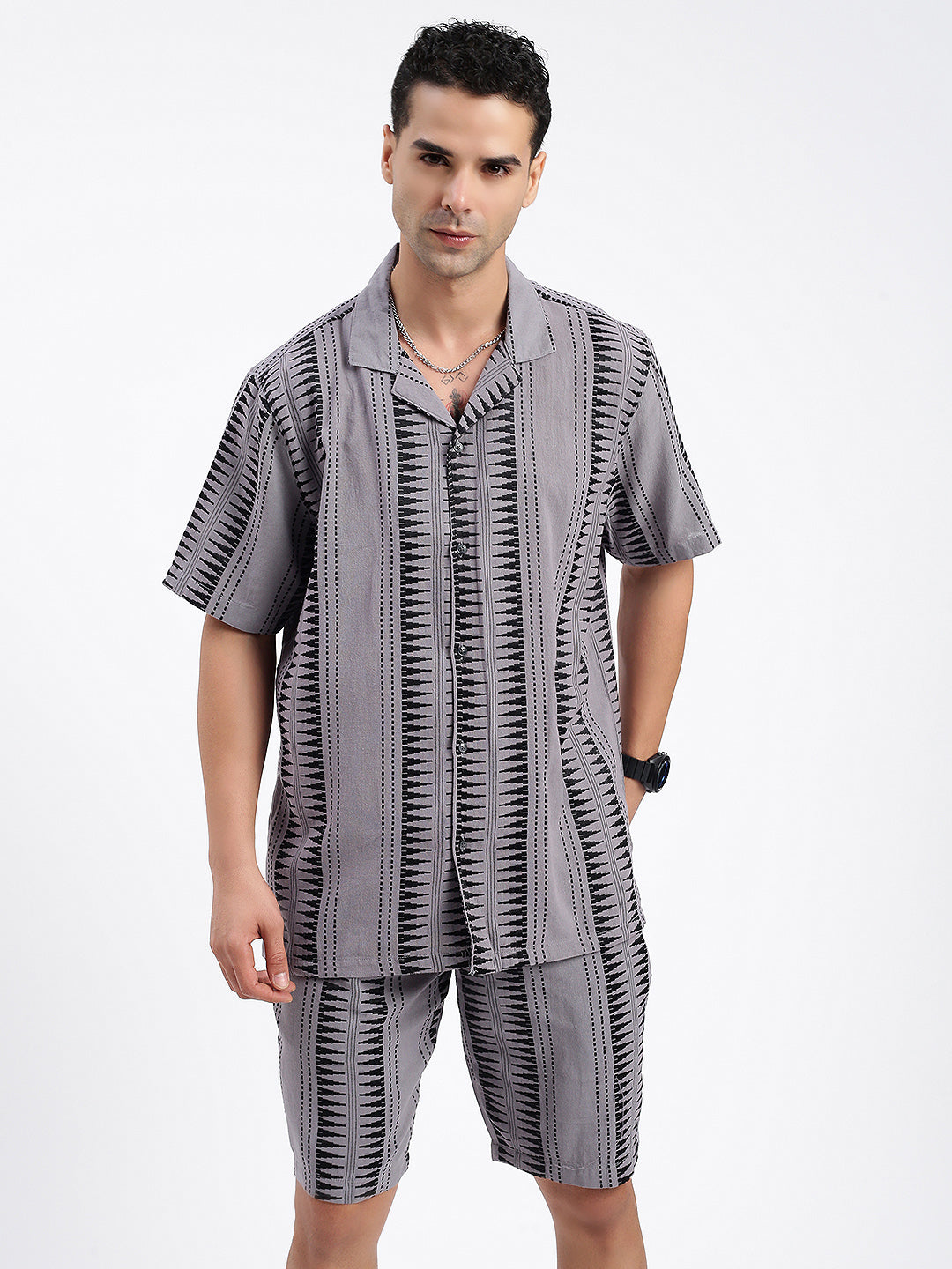 Men Geometric Grey Co Ords Set