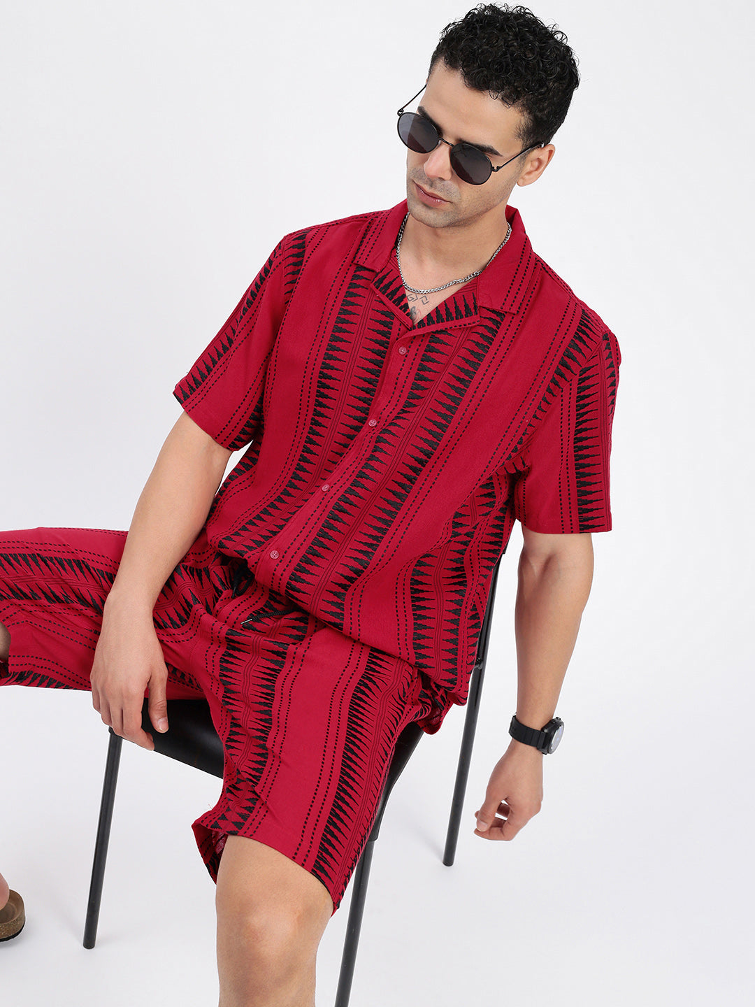 Men Geometric Red Co Ords Set