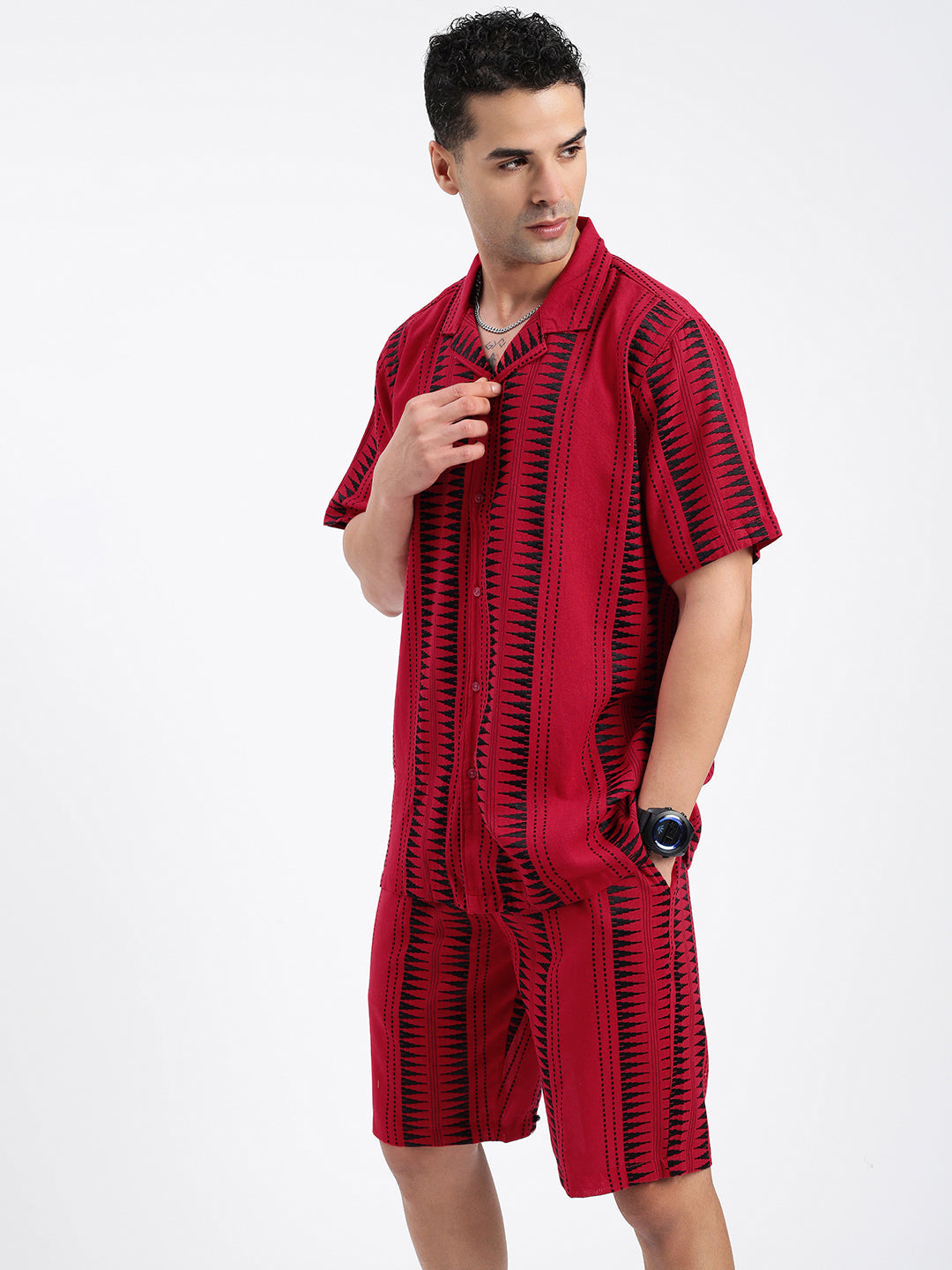 Men Geometric Red Co Ords Set