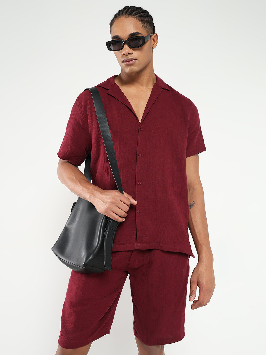 Men Maroon Solid Co Ords Set