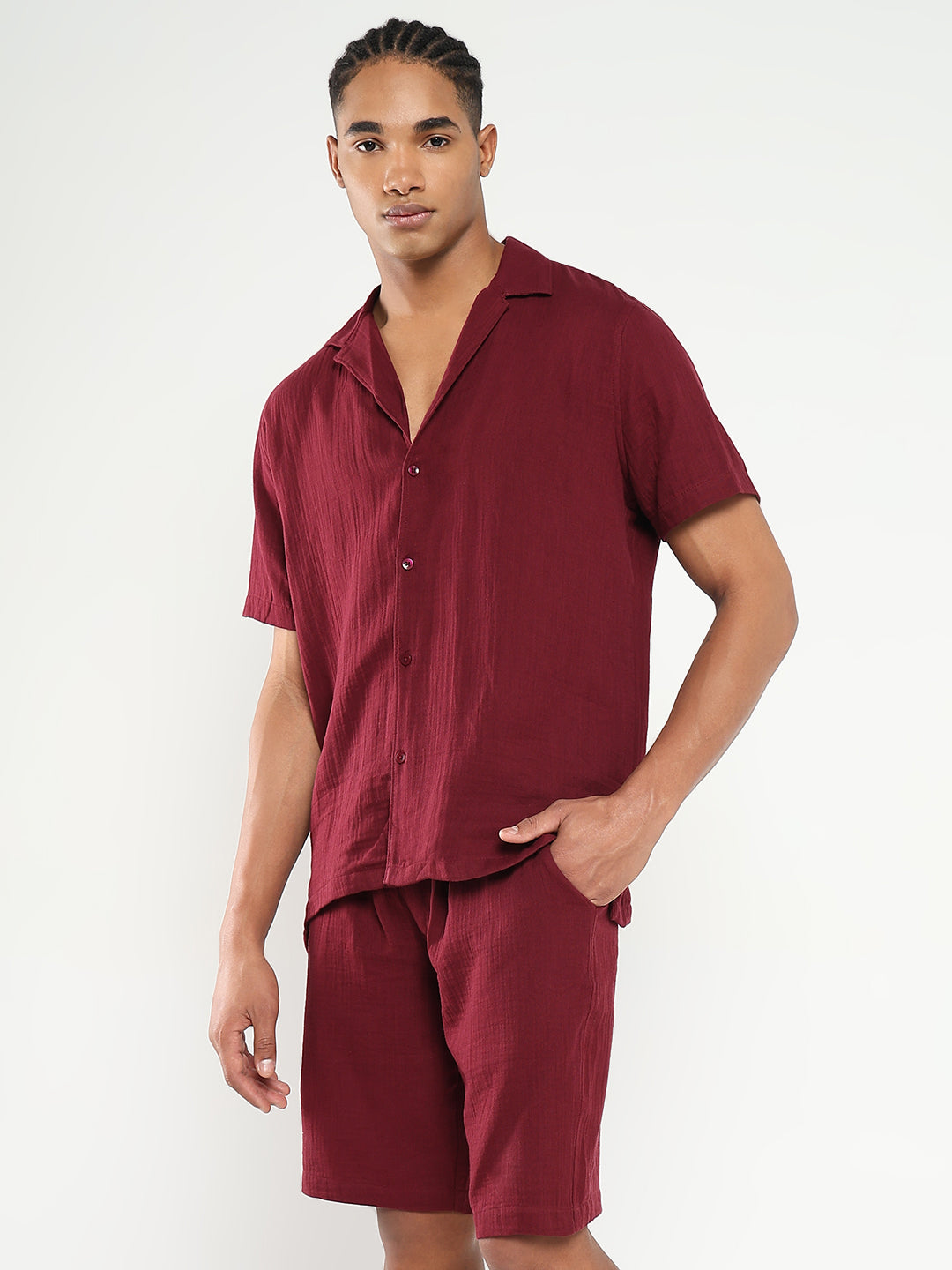 Men Maroon Solid Co Ords Set