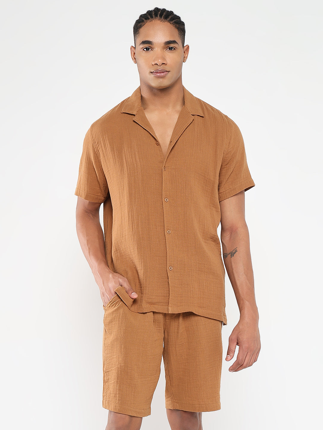 Men Brown Solid Co Ords Set