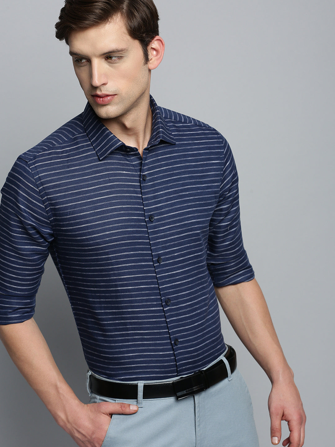 Men Spread Collar Striped Navy Blue Shirt