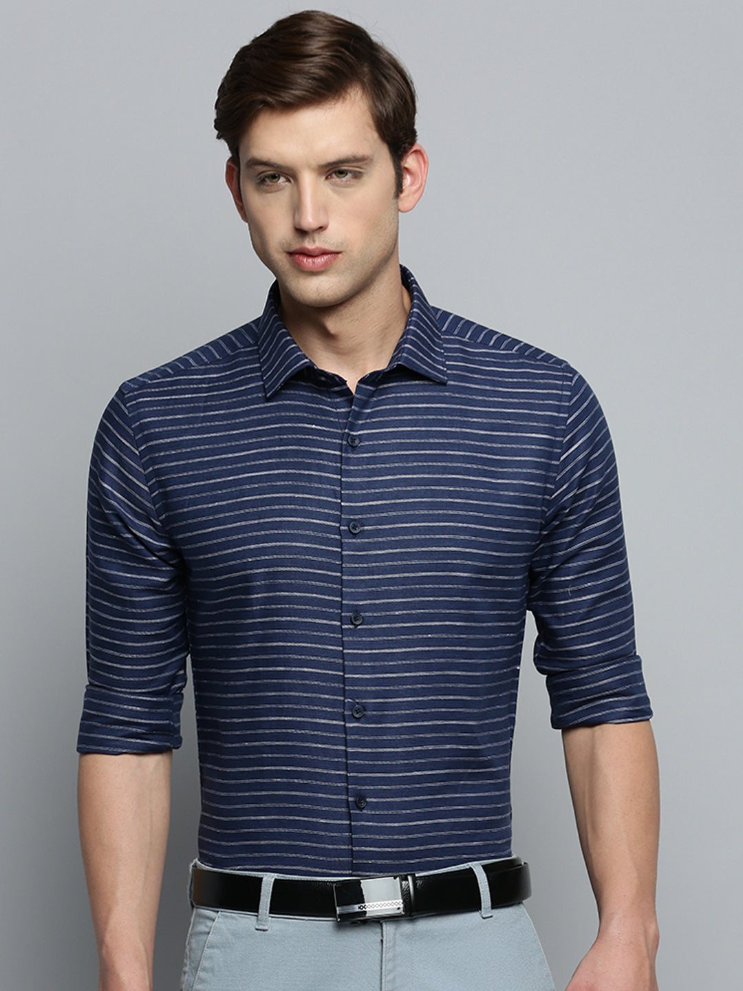 Men Spread Collar Striped Navy Blue Shirt