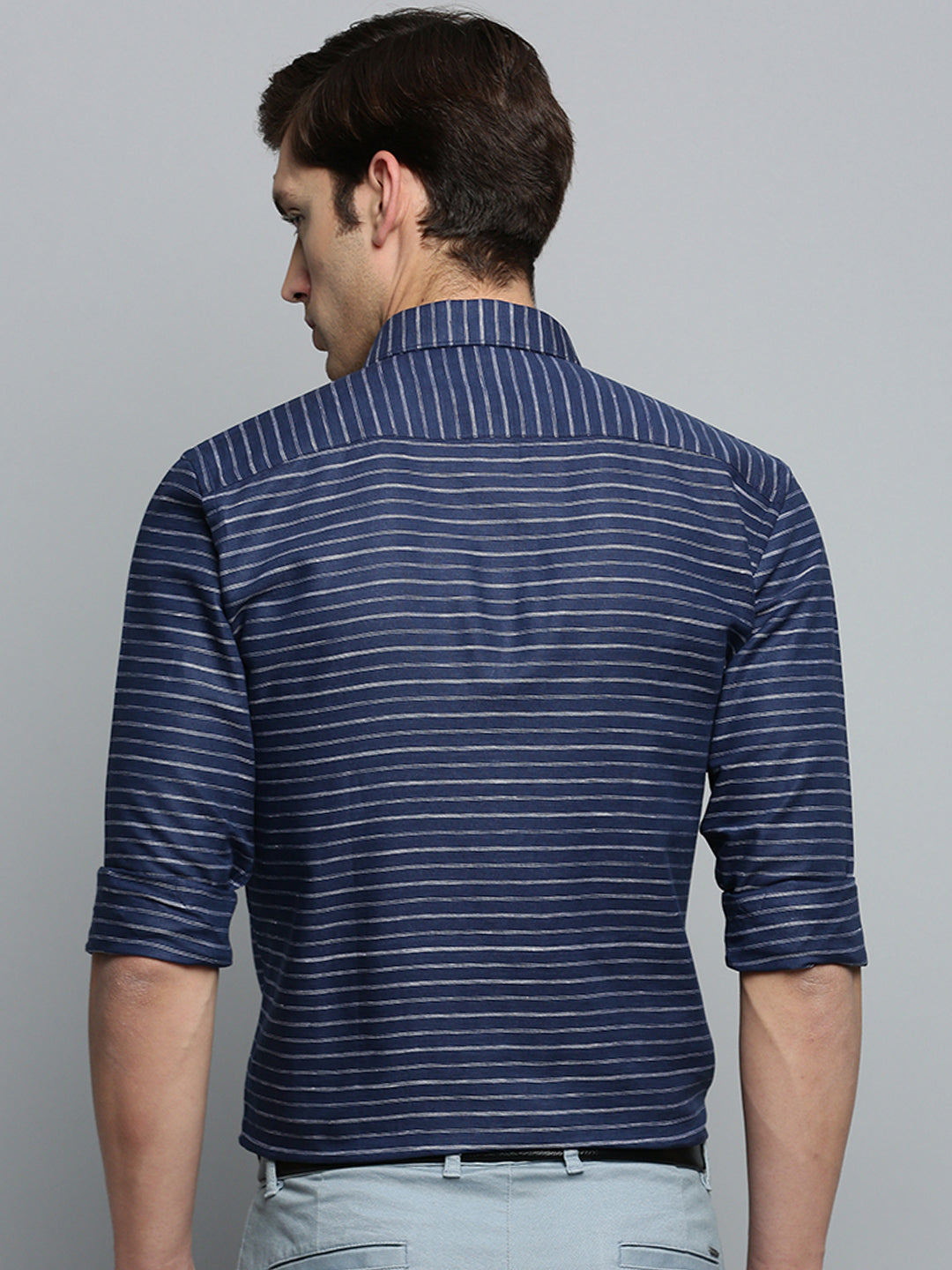 Men Spread Collar Striped Navy Blue Shirt