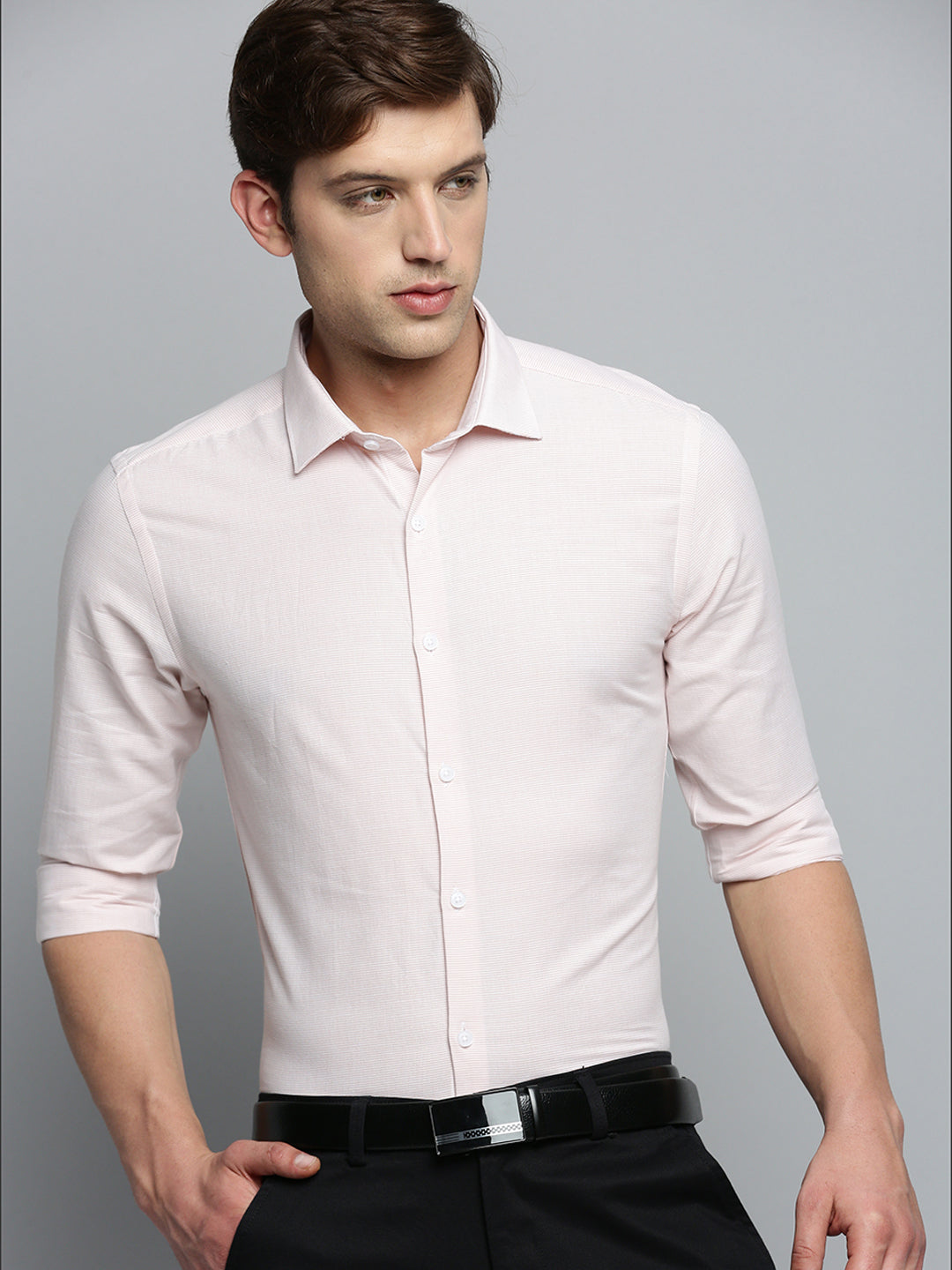 Men Spread Collar Striped Peach Shirt