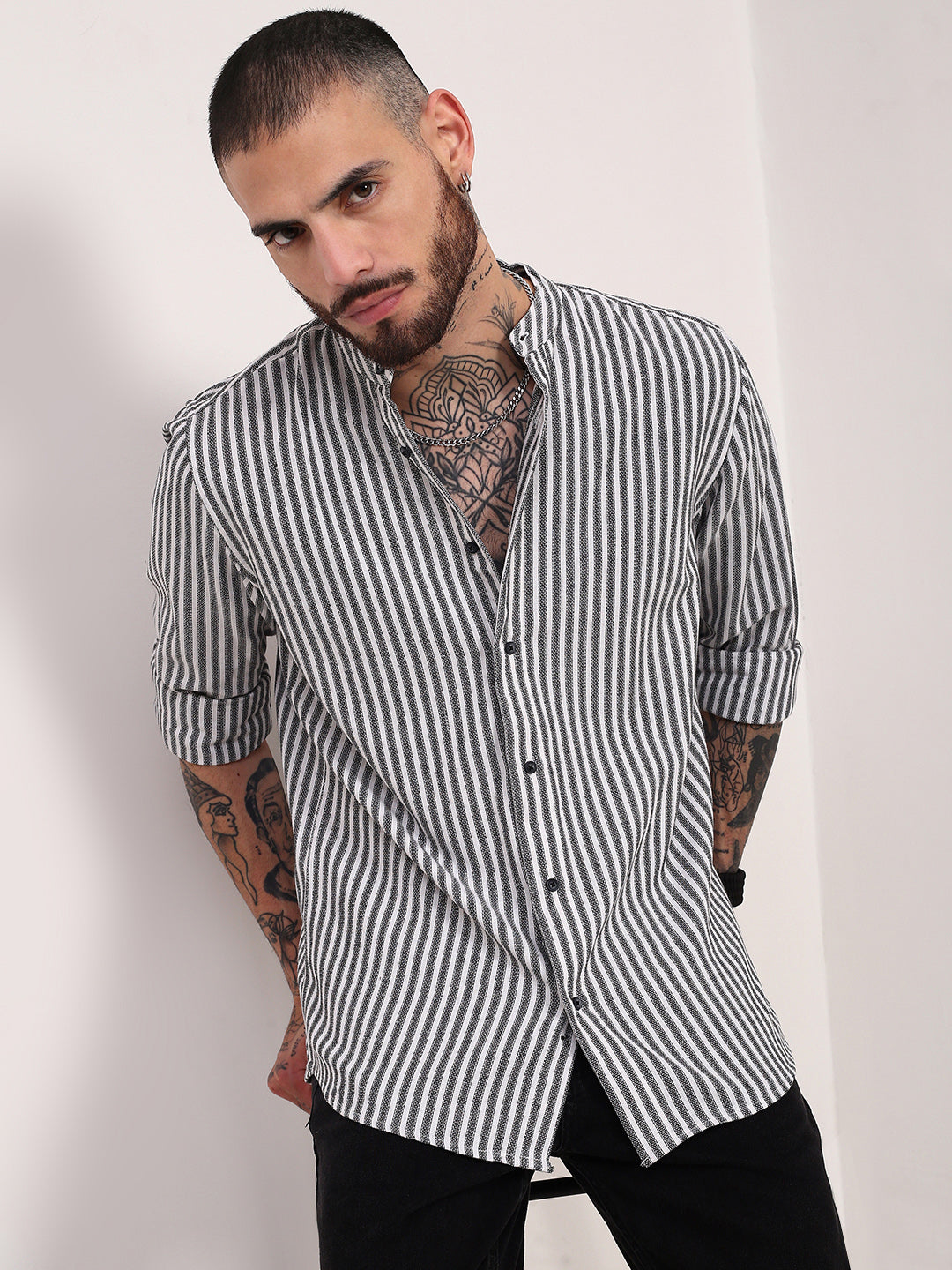 Men Black Striped Slim Fit Shirt