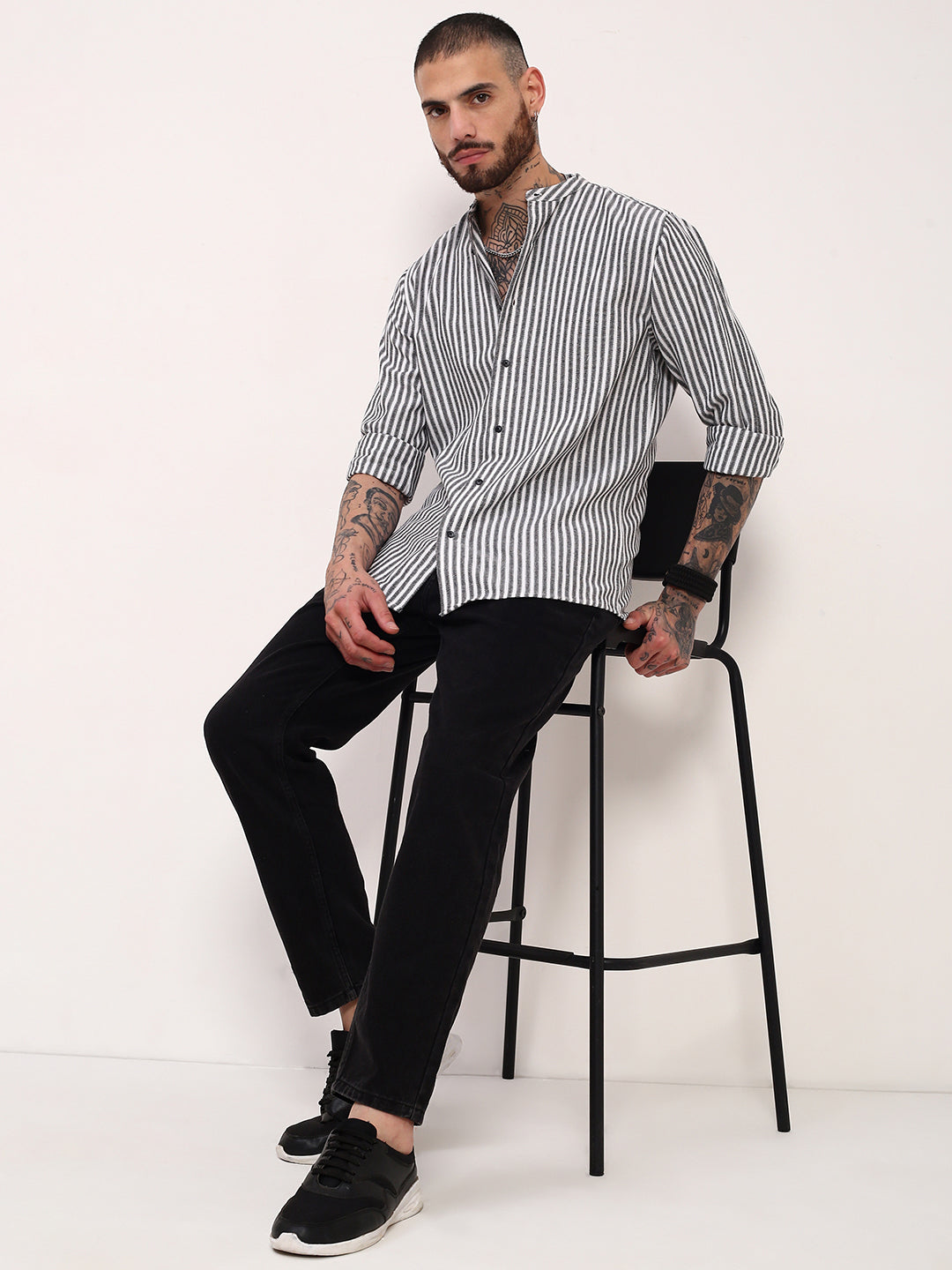 Men Black Striped Slim Fit Shirt