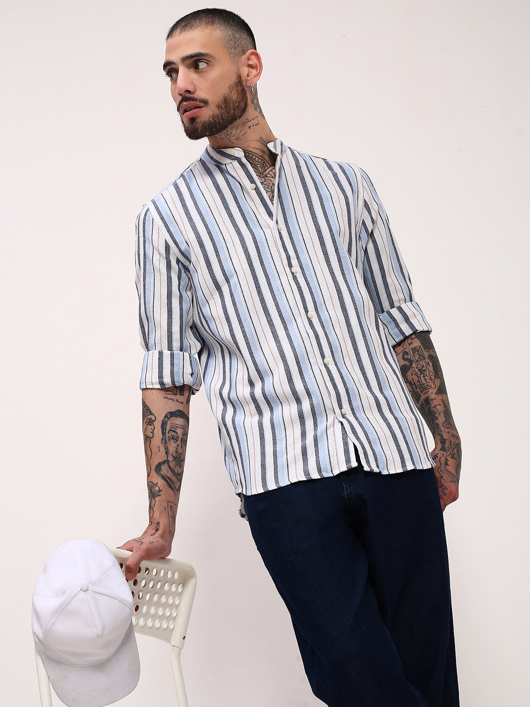 Men Blue Striped Slim Fit Shirt