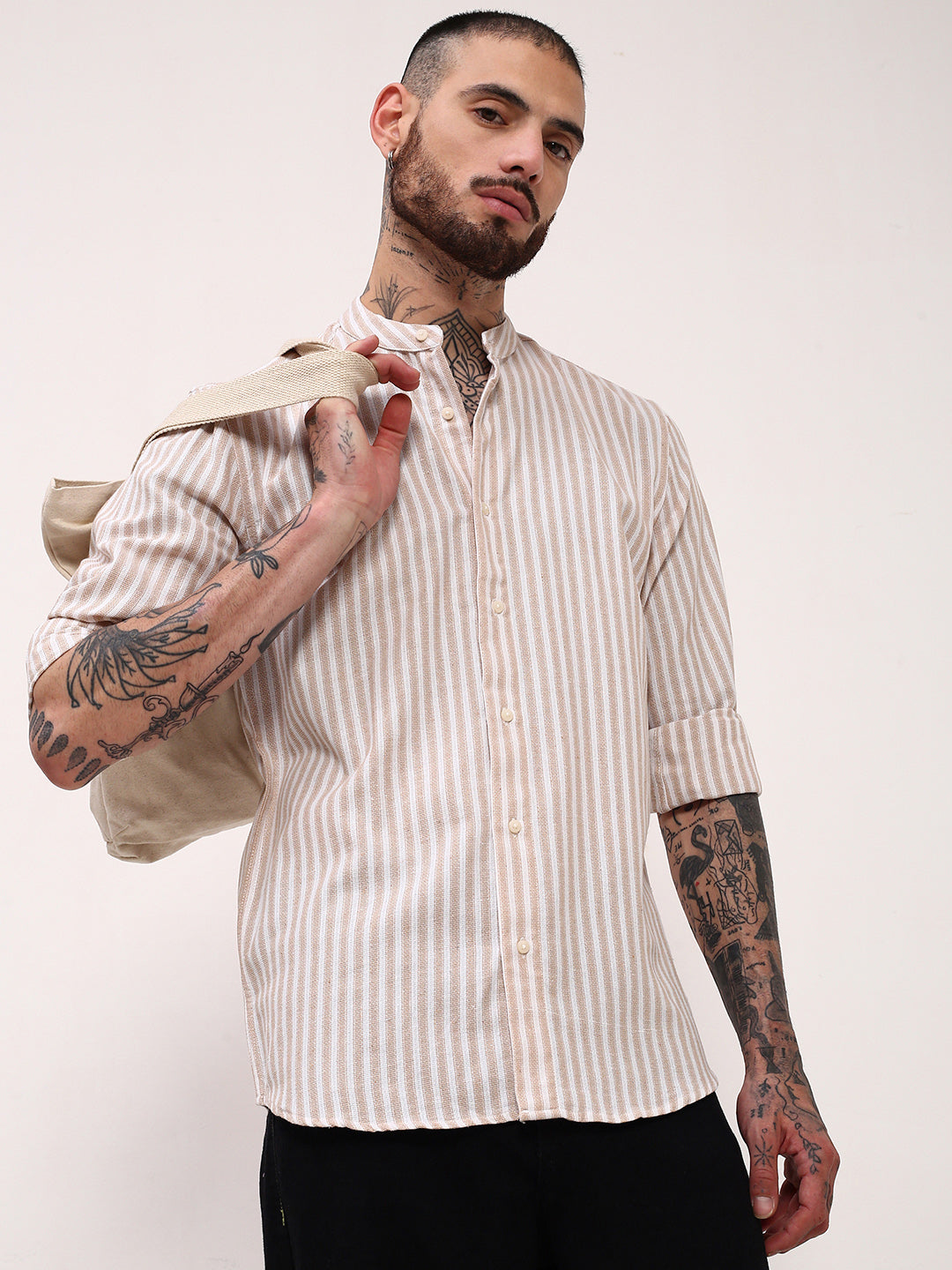 Men Cream Striped Slim Fit Shirt