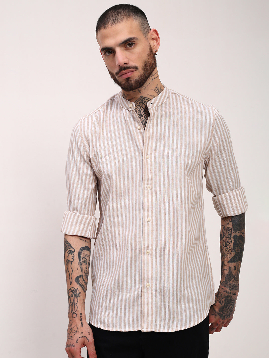 Men Cream Striped Slim Fit Shirt