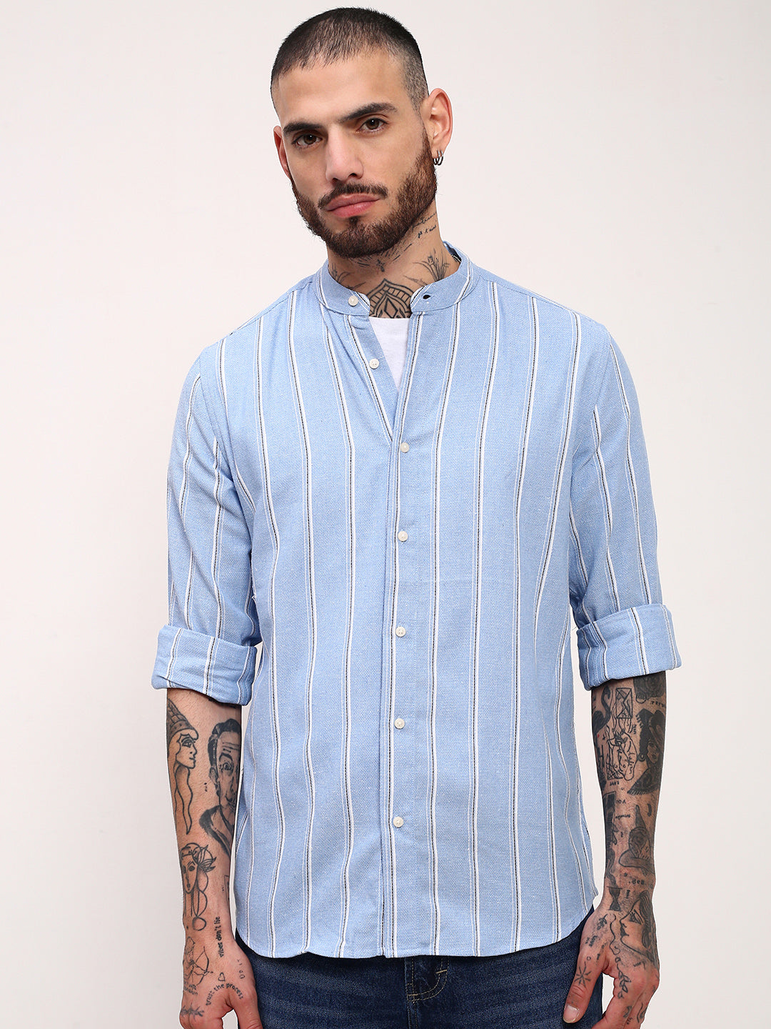 Men Blue Striped Slim Fit Shirt