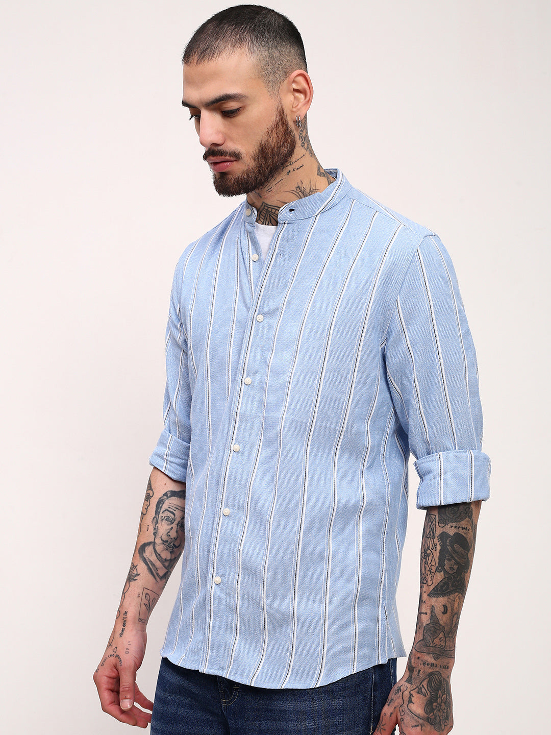 Men Blue Striped Slim Fit Shirt