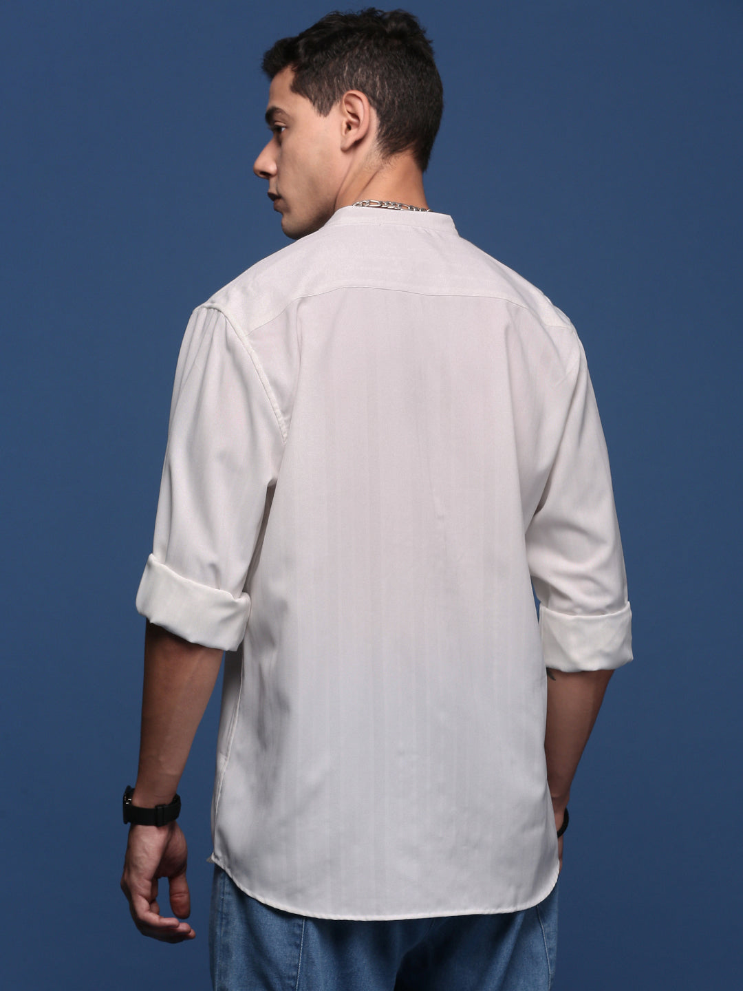 Men Mandarin Collar Solid White Slim Fit Shirt