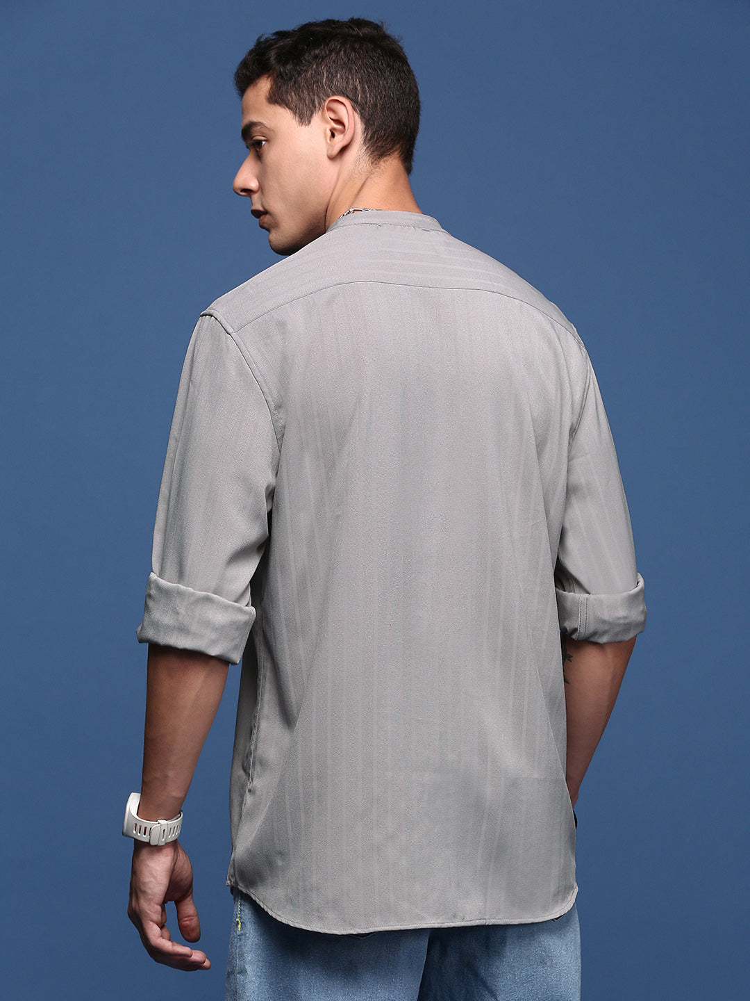 Men Mandarin Collar Solid Grey Slim Fit Shirt