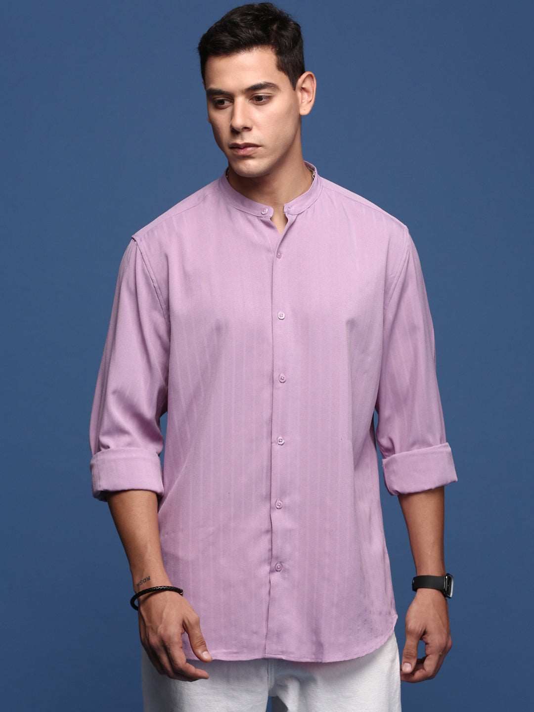 Men Mandarin Collar Solid Lavender Slim Fit Shirt