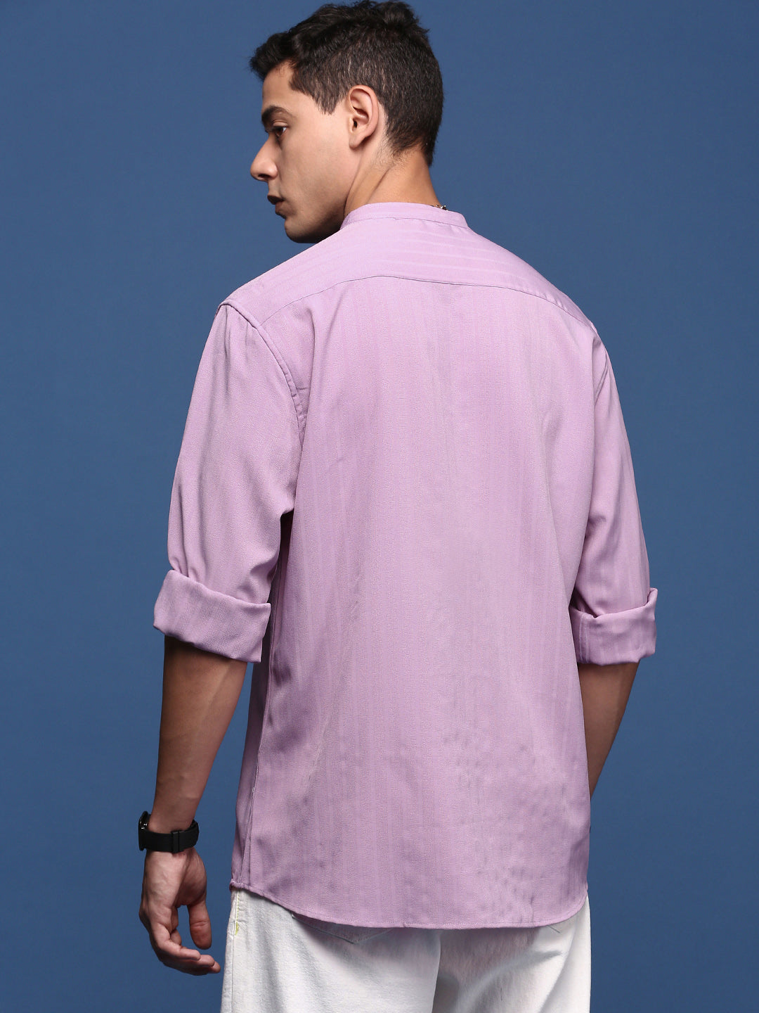Men Mandarin Collar Solid Lavender Slim Fit Shirt