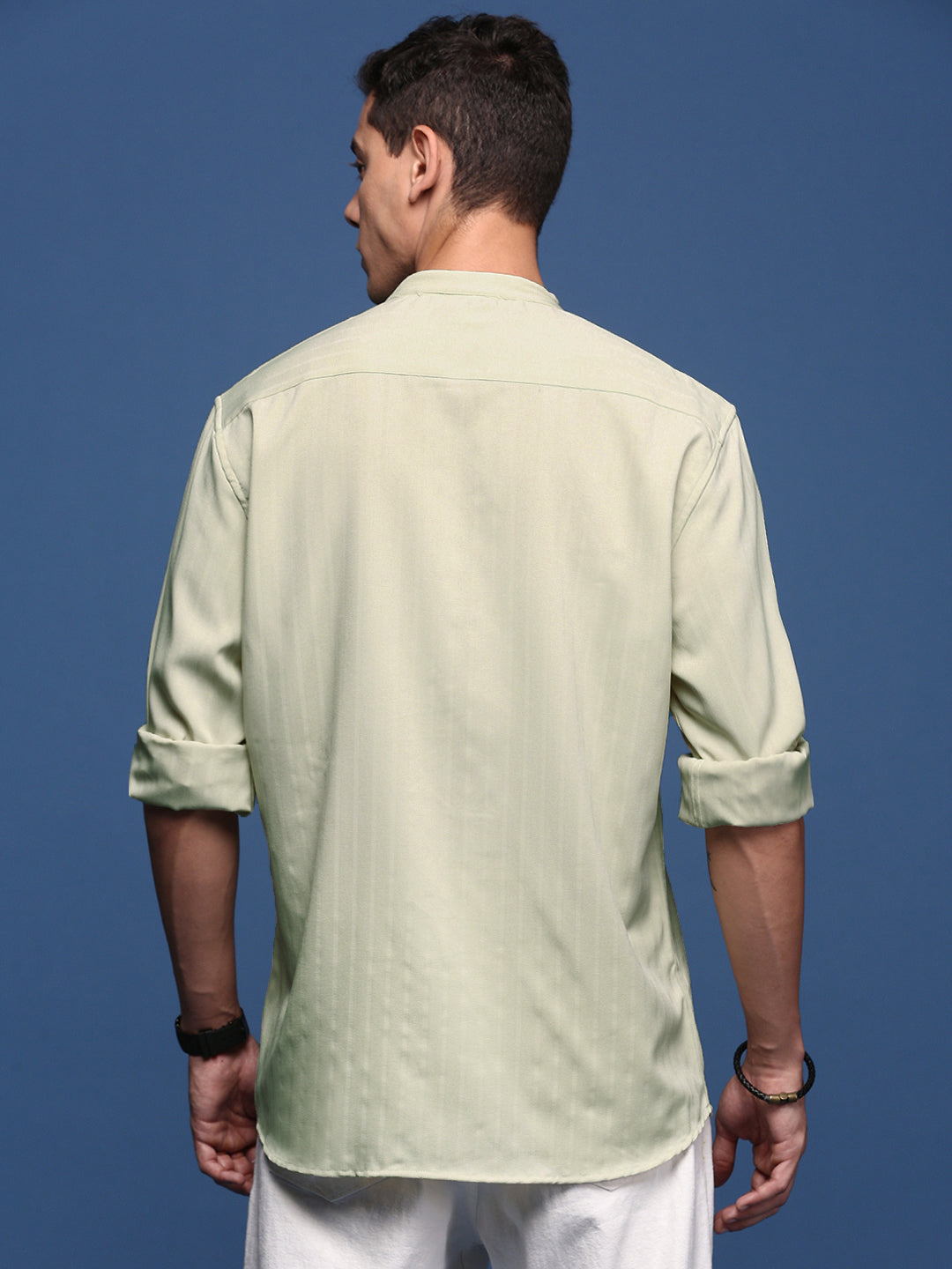 Men Mandarin Collar Solid Green Slim Fit Shirt