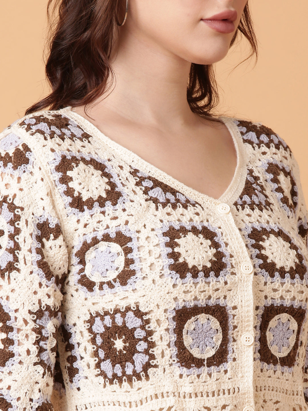 Women Brown Geometric Crochet Top