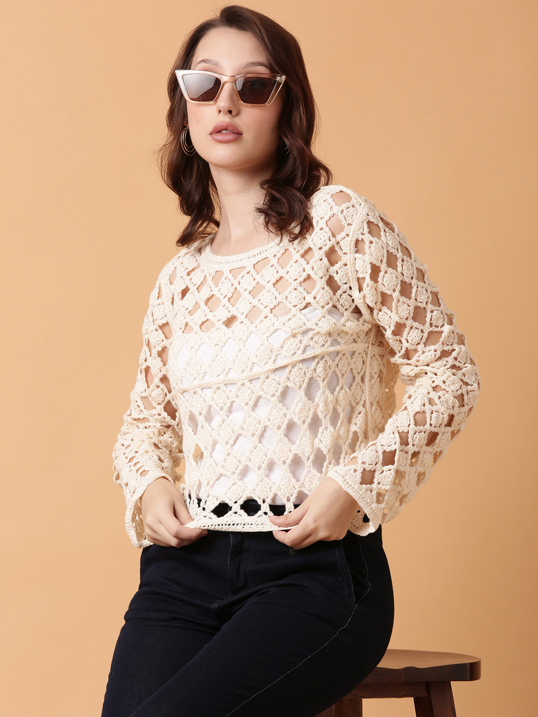 Women Cream Solid Crochet Top