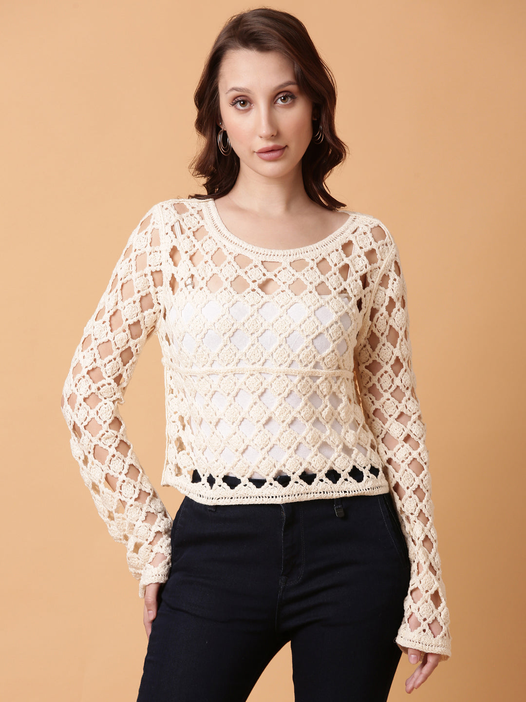 Women Cream Solid Crochet Top