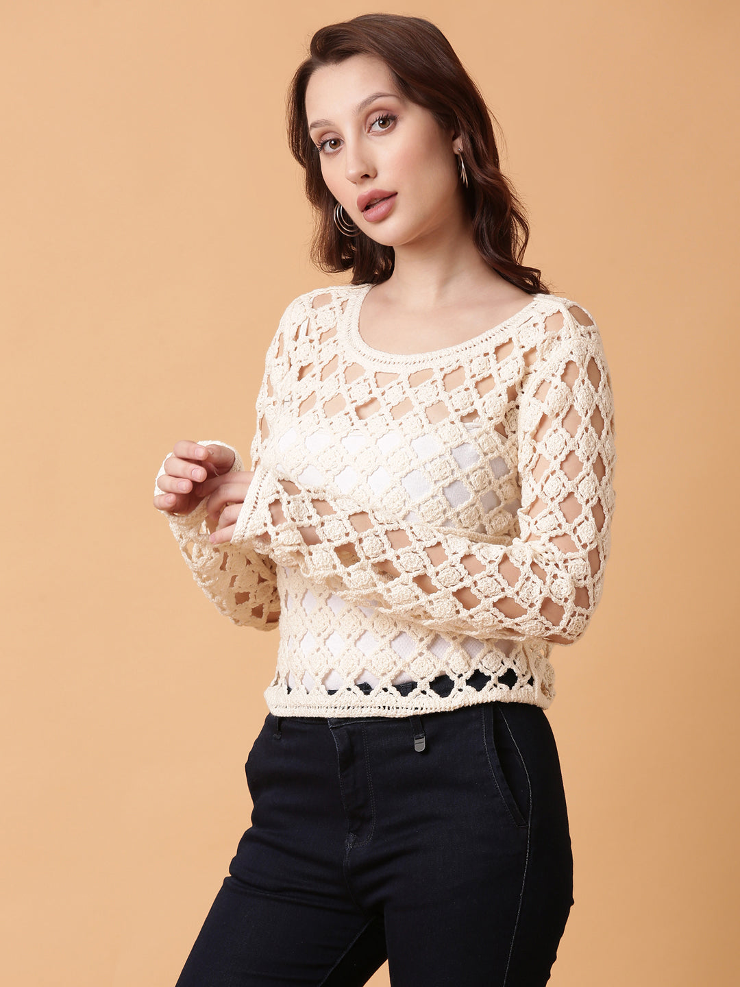 Women Cream Solid Crochet Top