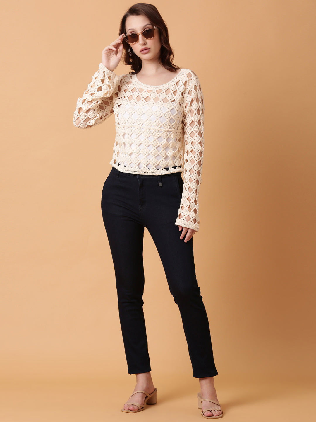 Women Cream Solid Crochet Top