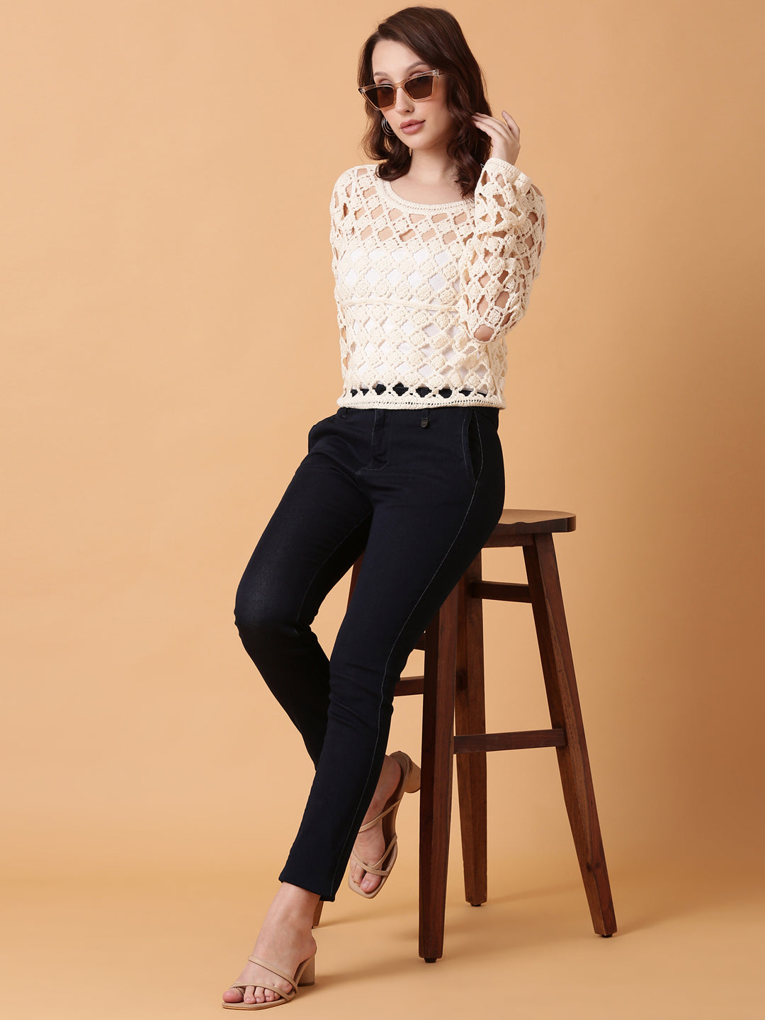 Women Cream Solid Crochet Top