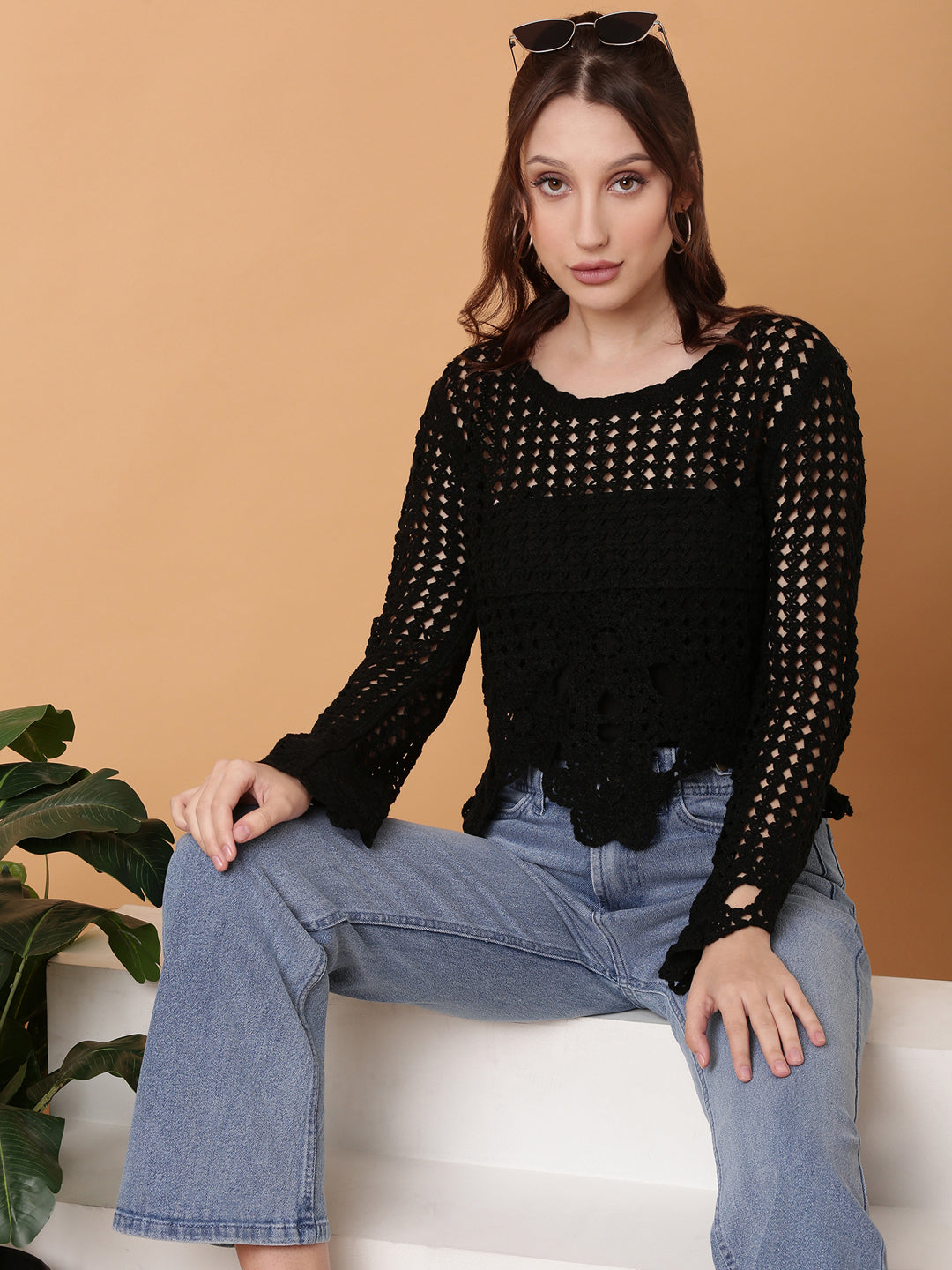 Women Black Solid Crochet Top