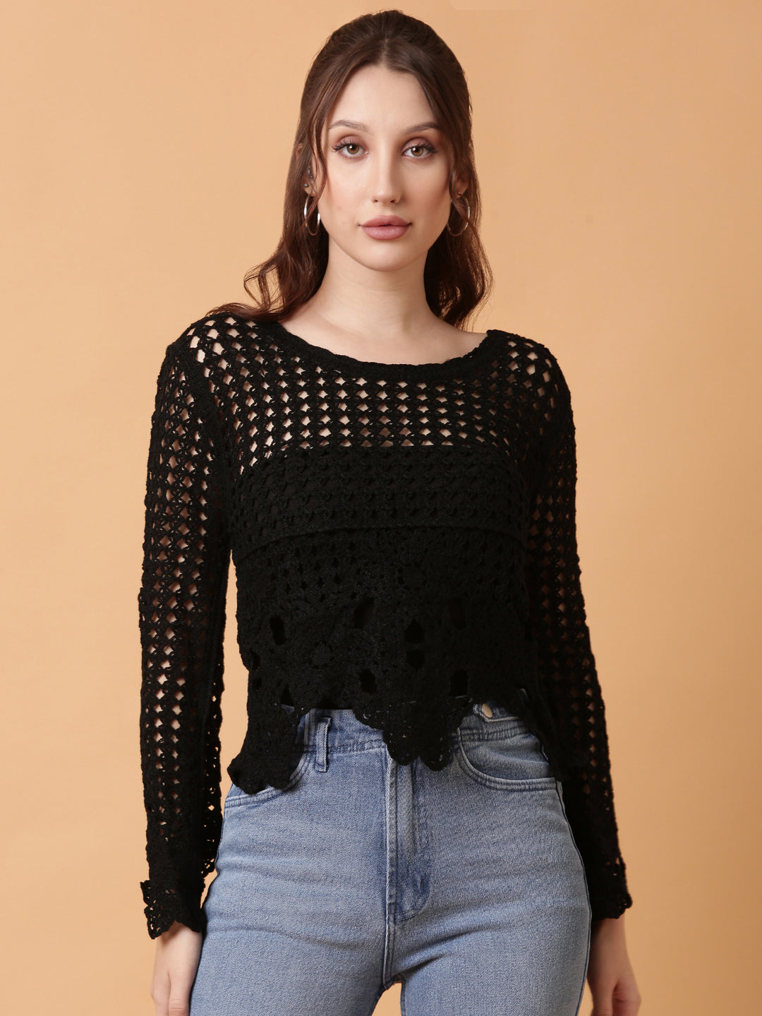 Women Black Solid Crochet Top