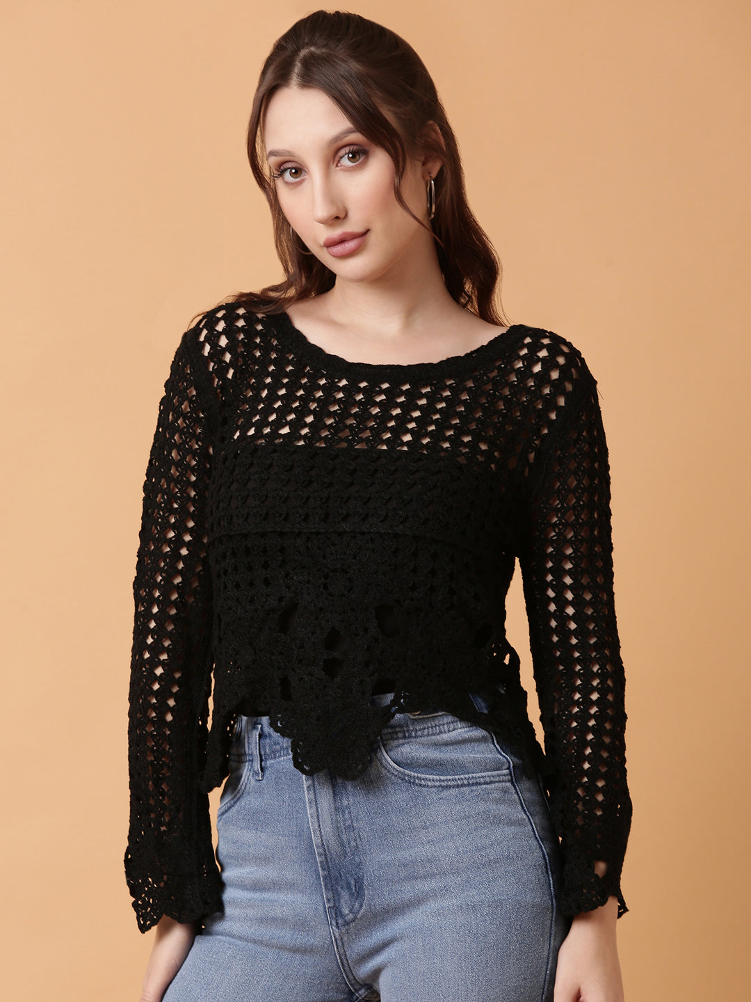 Women Black Solid Crochet Top