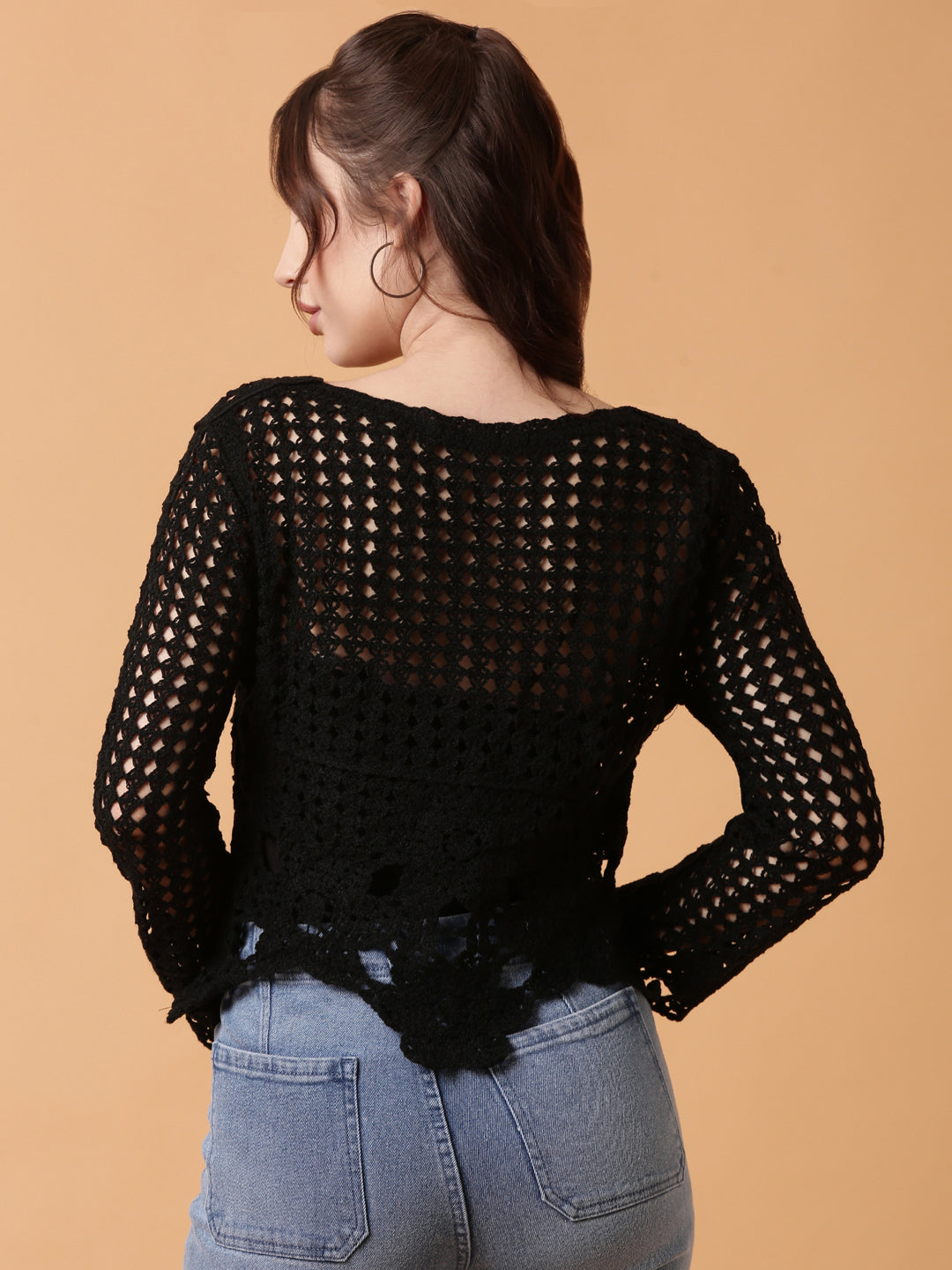 Women Black Solid Crochet Top