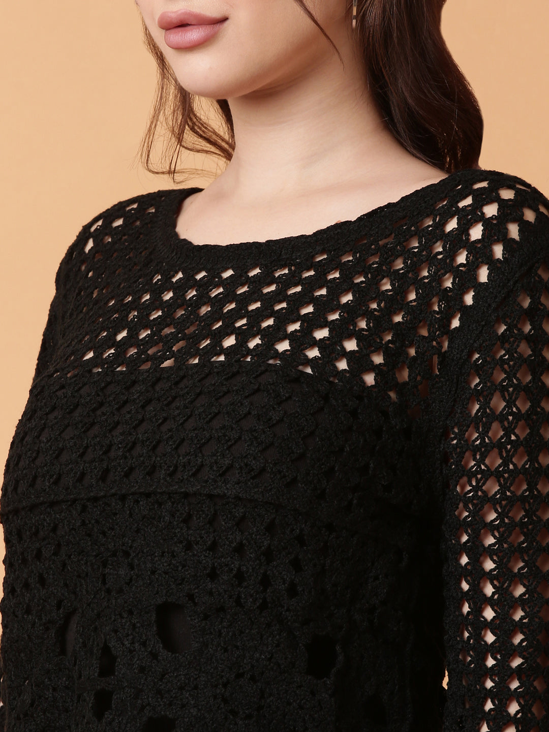 Women Black Solid Crochet Top