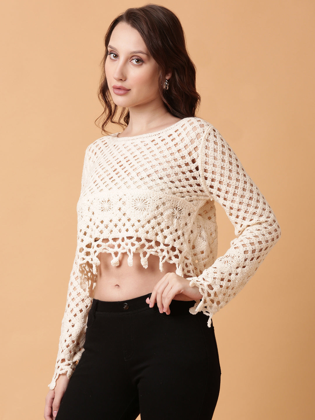 Women Cream Solid Crochet Top