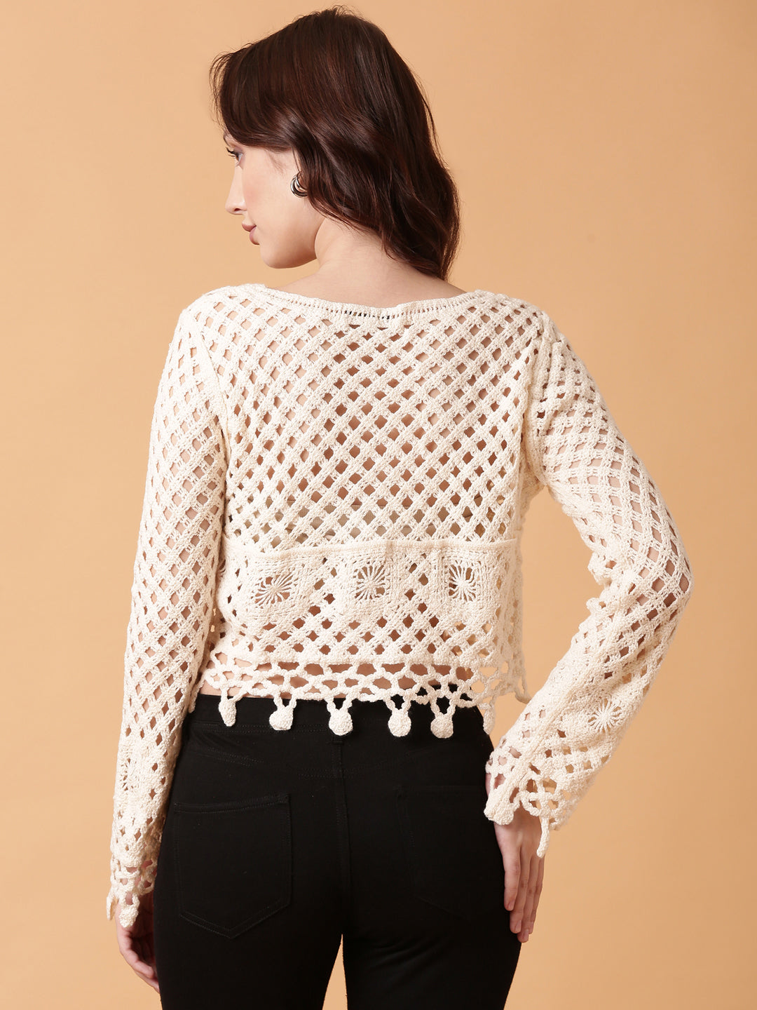 Women Cream Solid Crochet Top