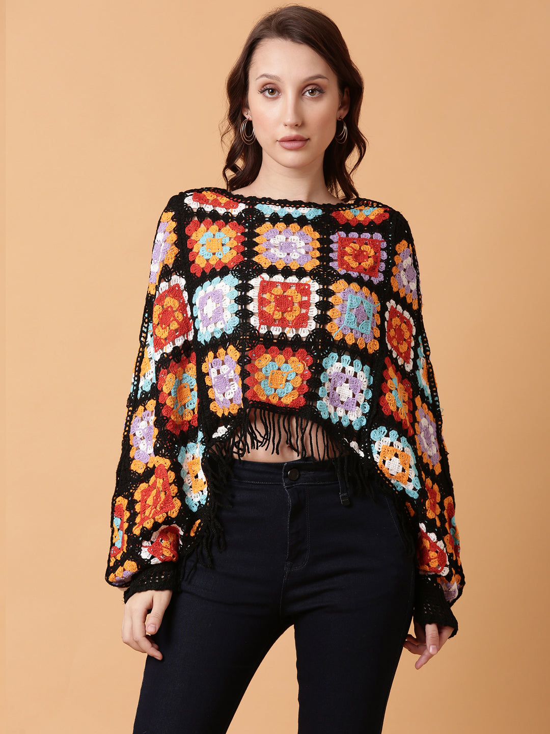 Women Black Solid Cape Crochet Top