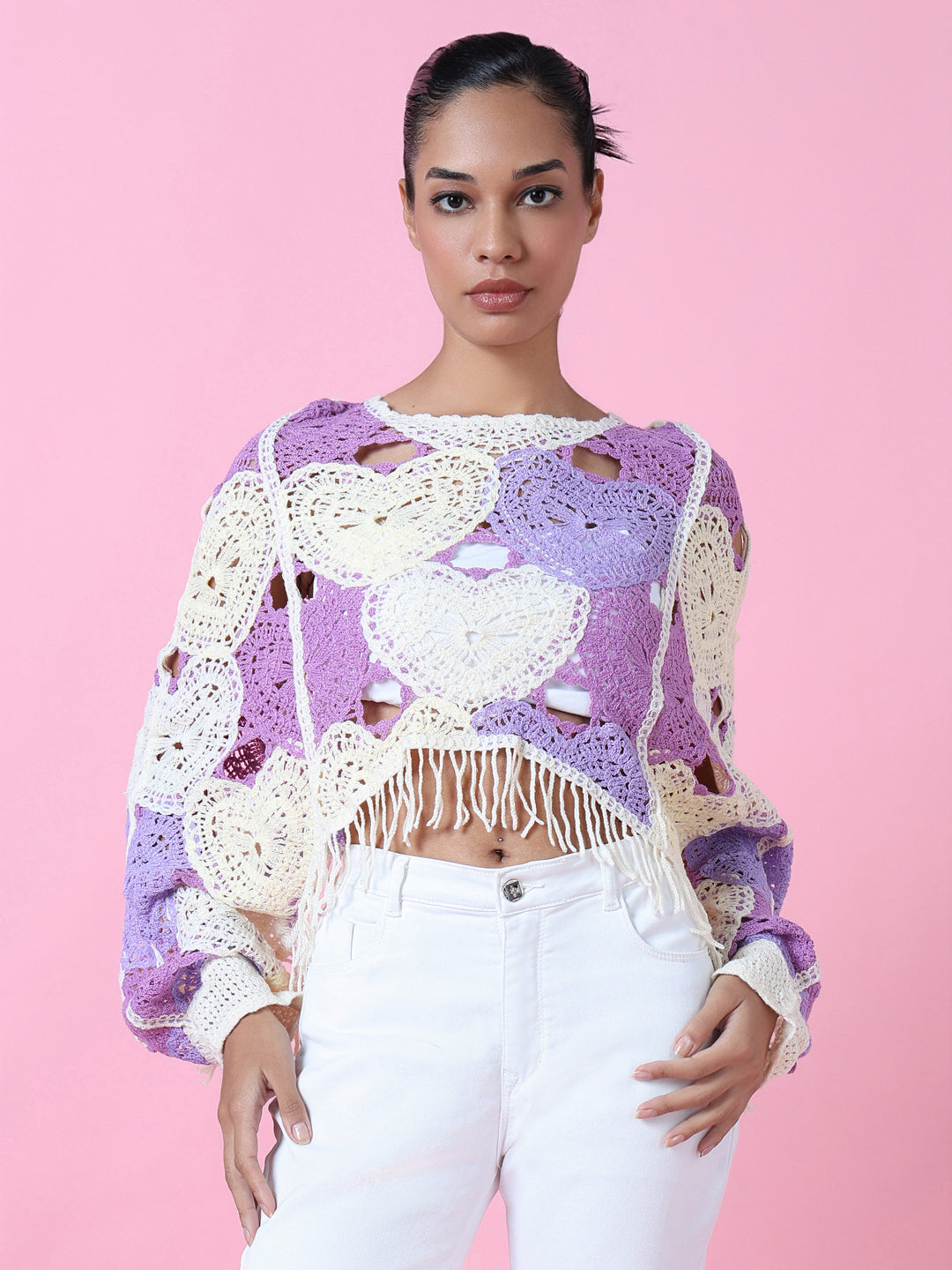 Women Purple Solid Crochet Crop Top